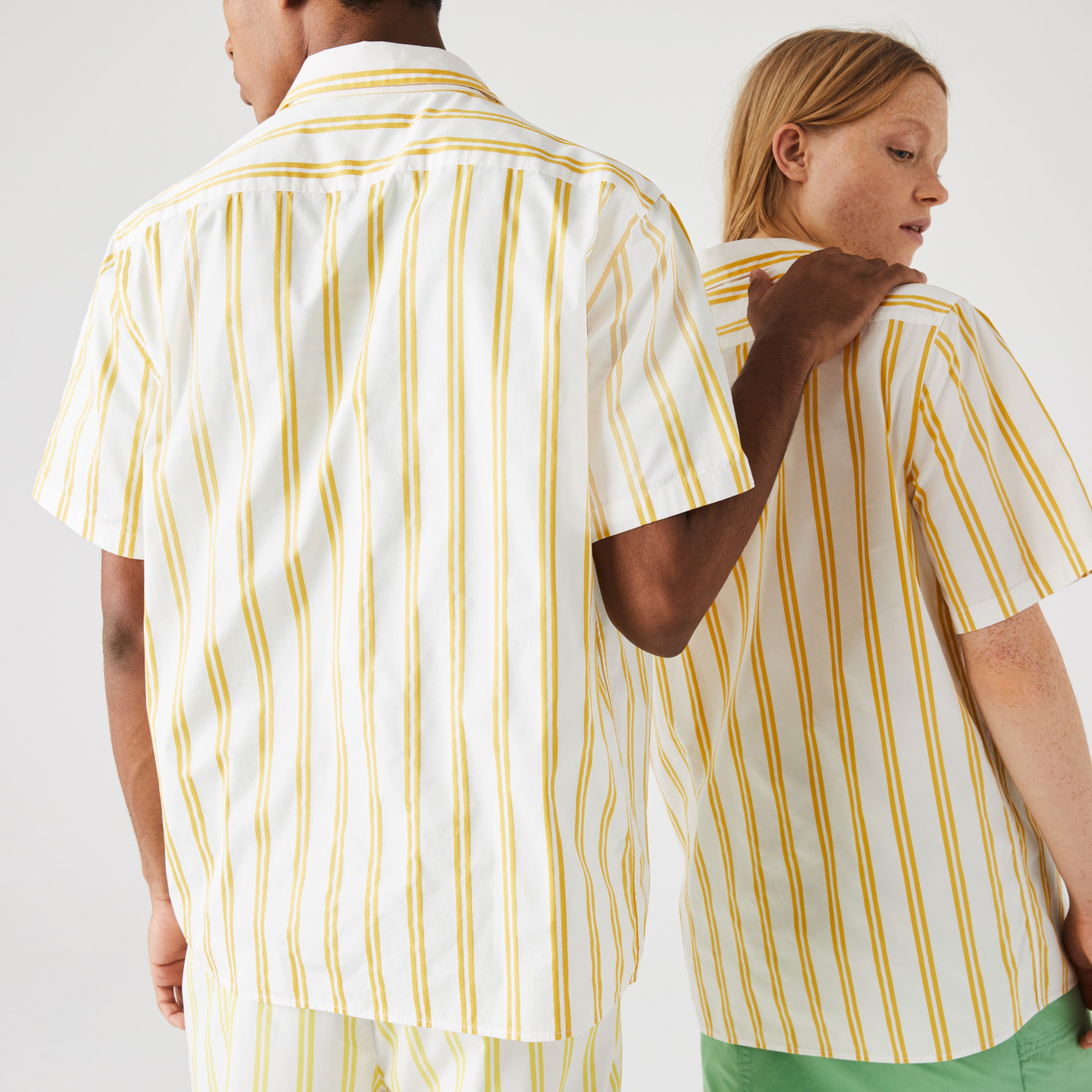 Lacoste L!ve Unisex Çizgili Beyaz - Sarı Gömlek