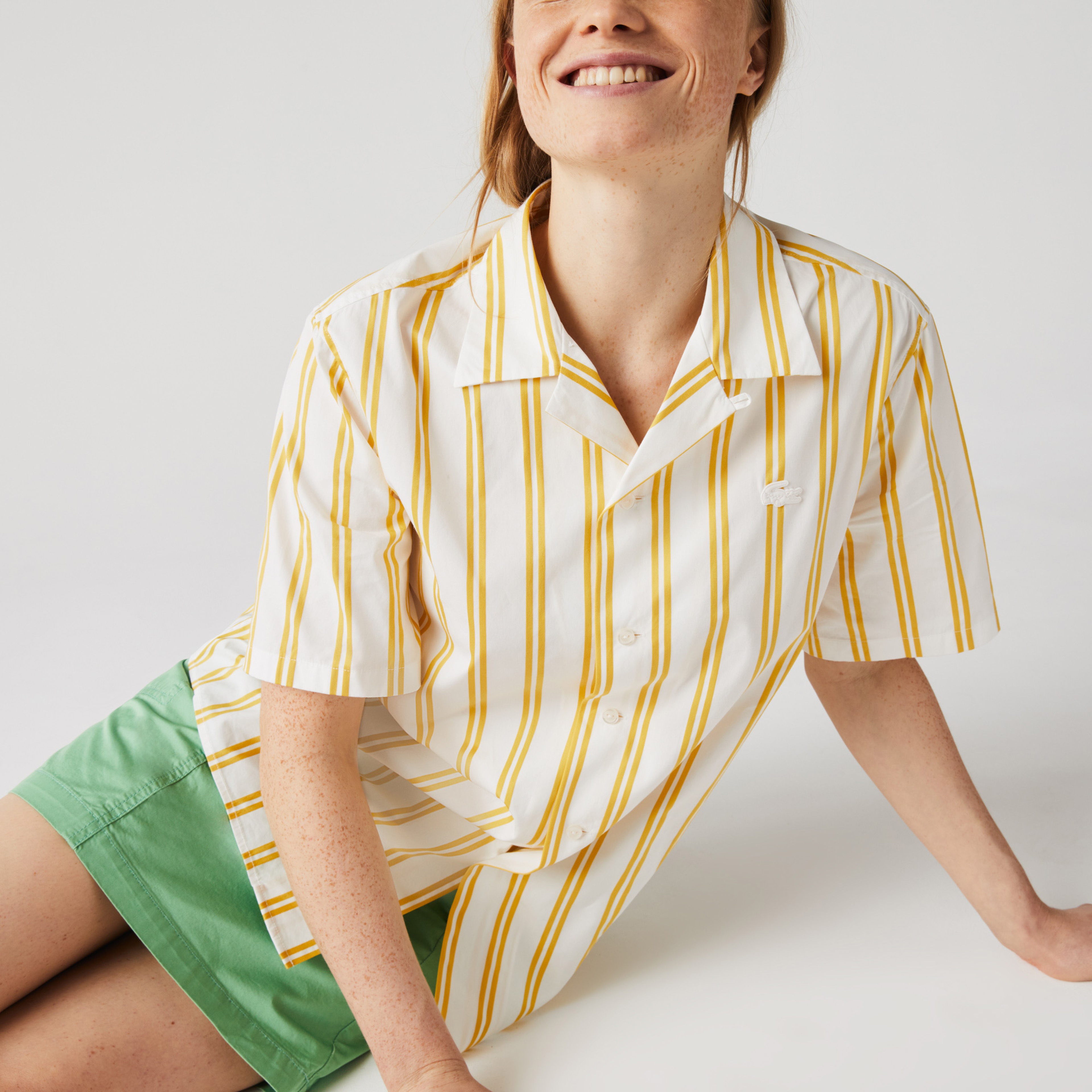 Lacoste L!ve Unisex Çizgili Beyaz - Sarı Gömlek