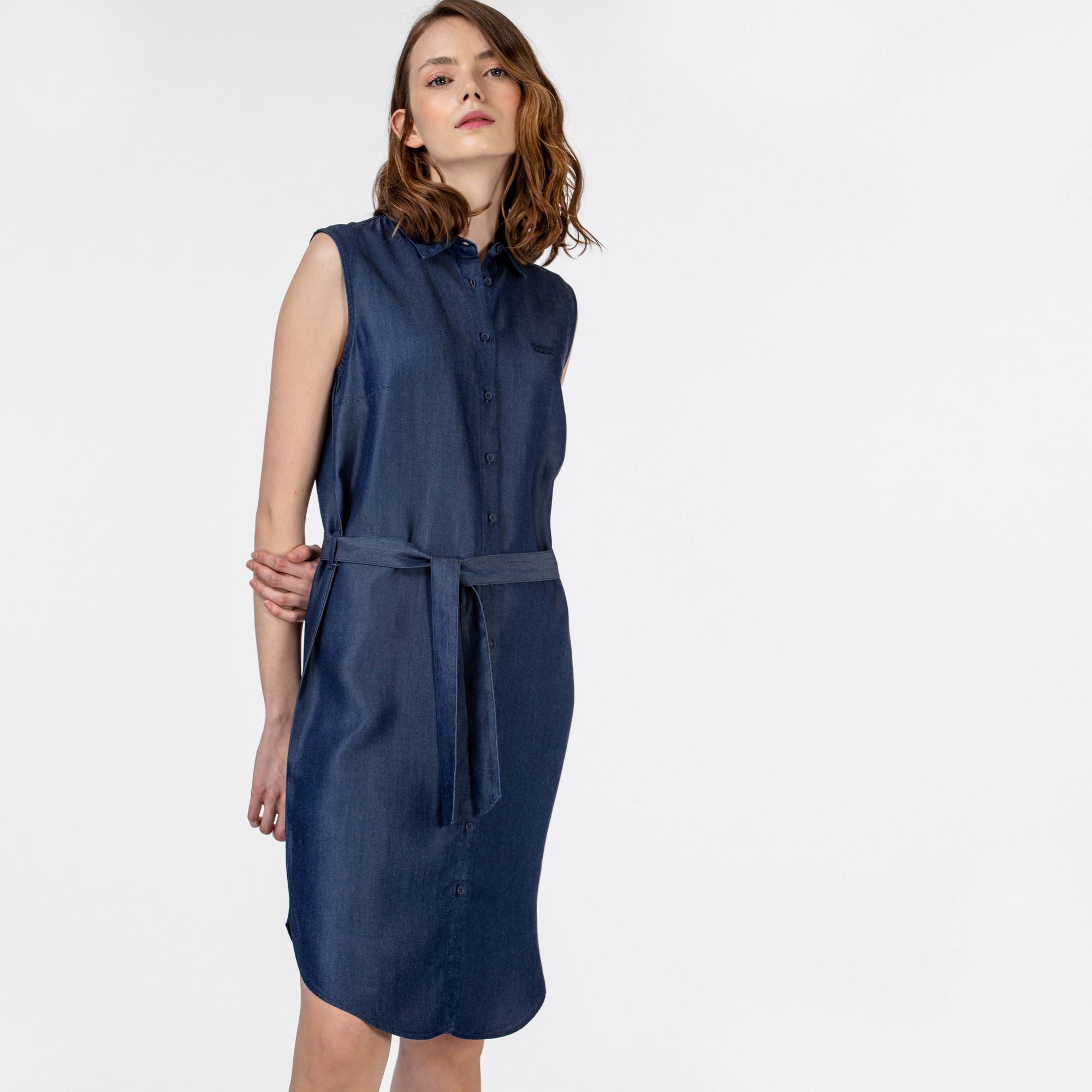 Lacoste Kadın Kolsuz Gömlek Yaka Denim Elbise
