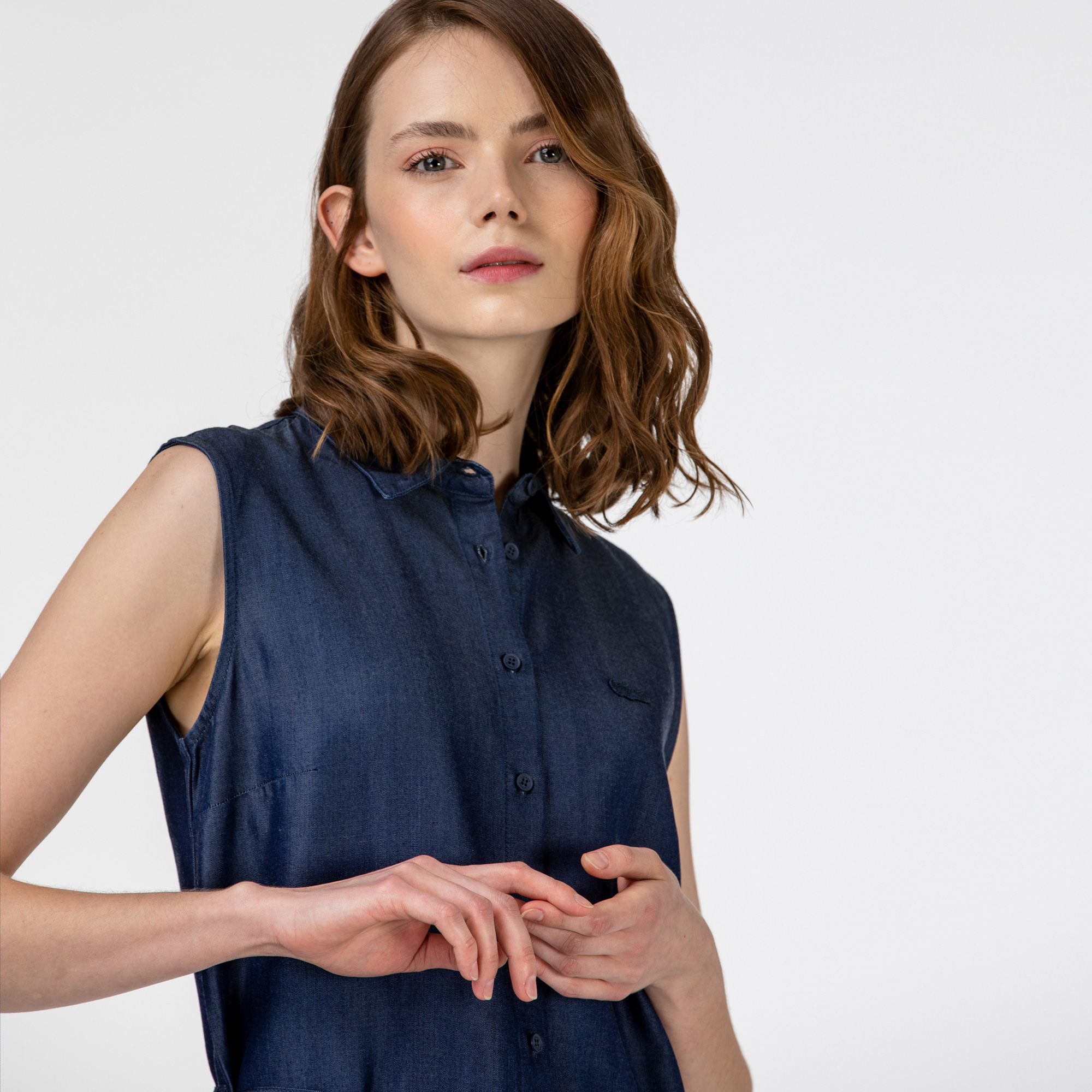 Lacoste Kadın Kolsuz Gömlek Yaka Denim Elbise