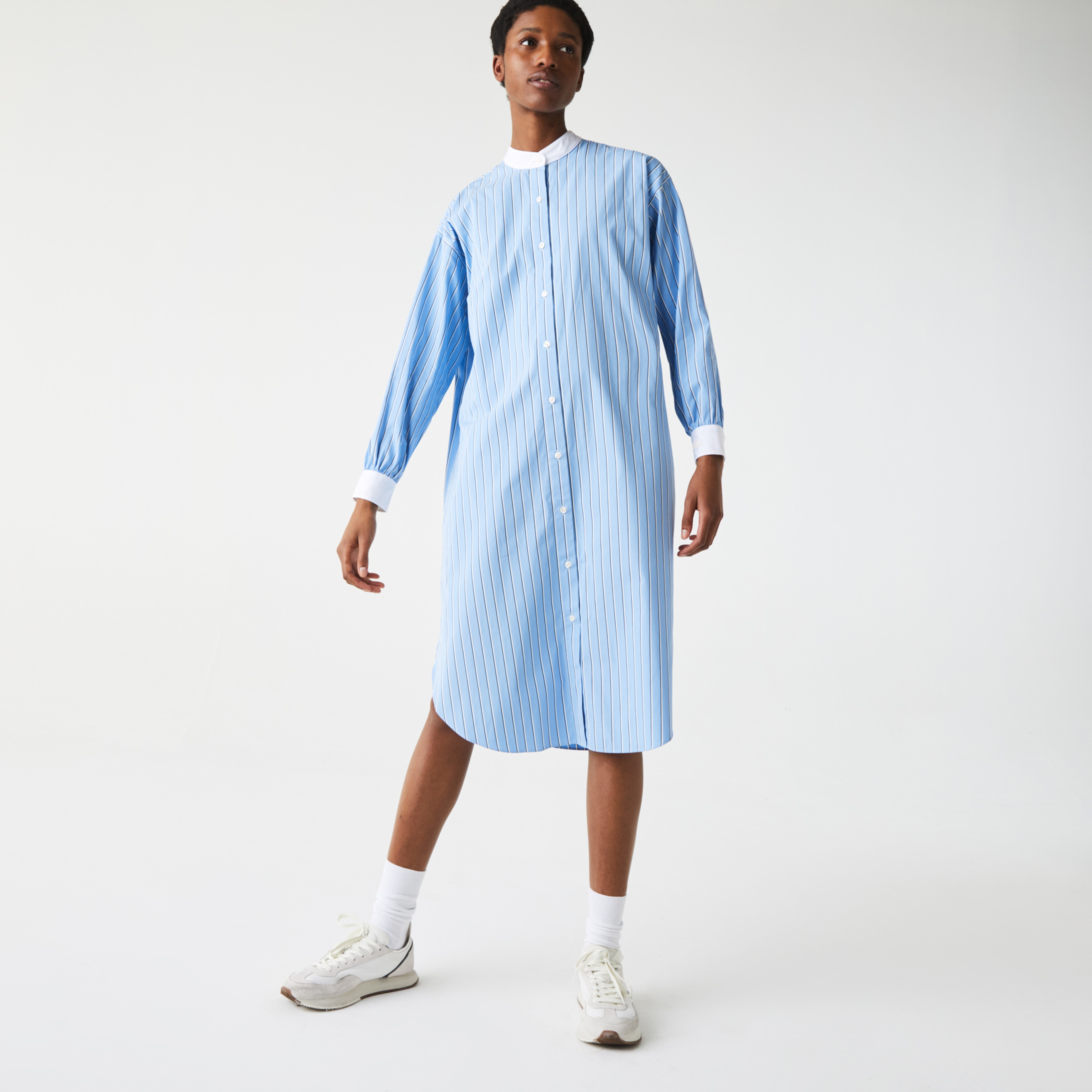 Lacoste L!ve Kadın Uzun Kollu Gömlek Yaka Çizgili Mavi - Beyaz Elbise