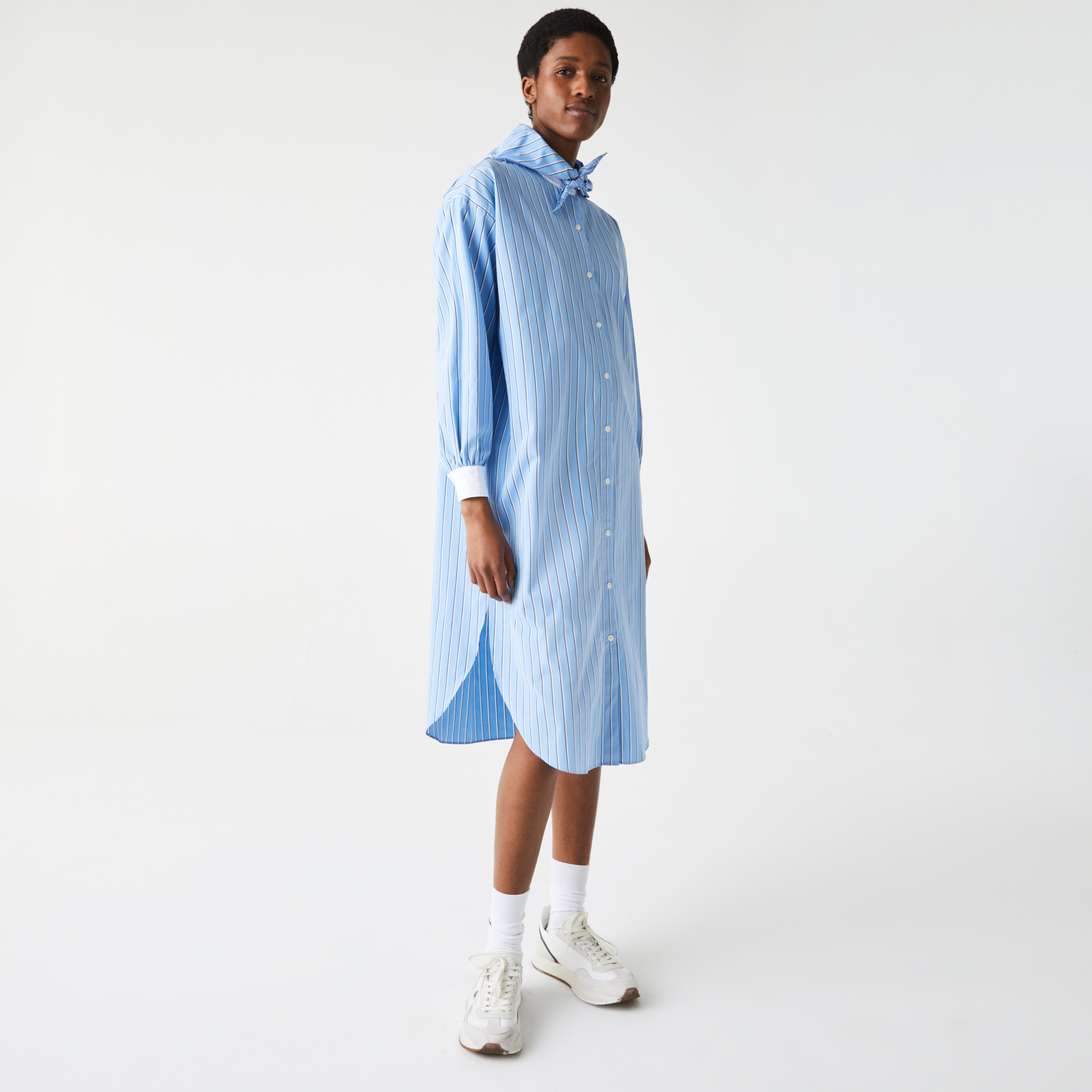 Lacoste L!ve Kadın Uzun Kollu Gömlek Yaka Çizgili Mavi - Beyaz Elbise