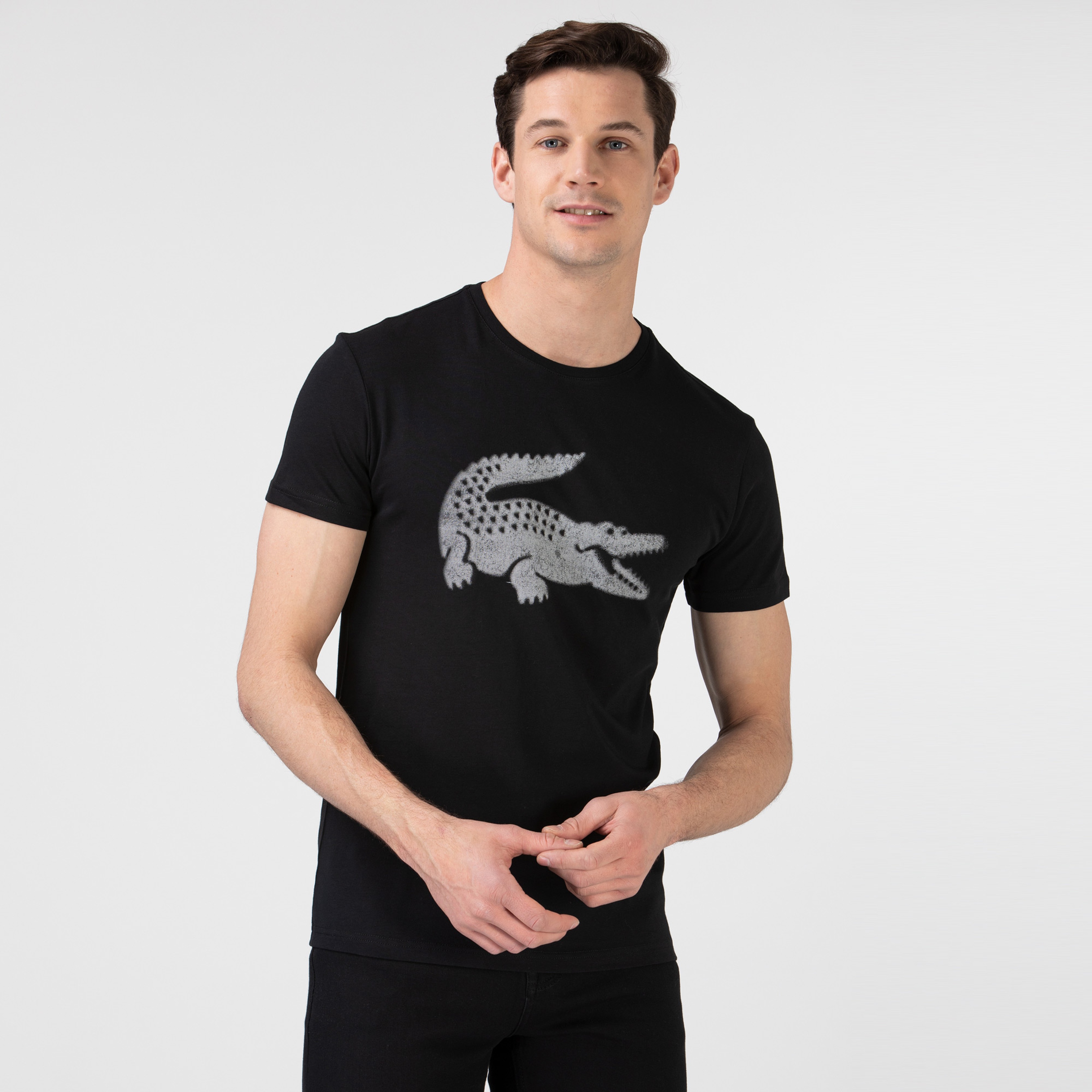 Lacoste Erkek Slim Fit Bisiklet Yaka Timsah Baskılı Siyah T-Shirt