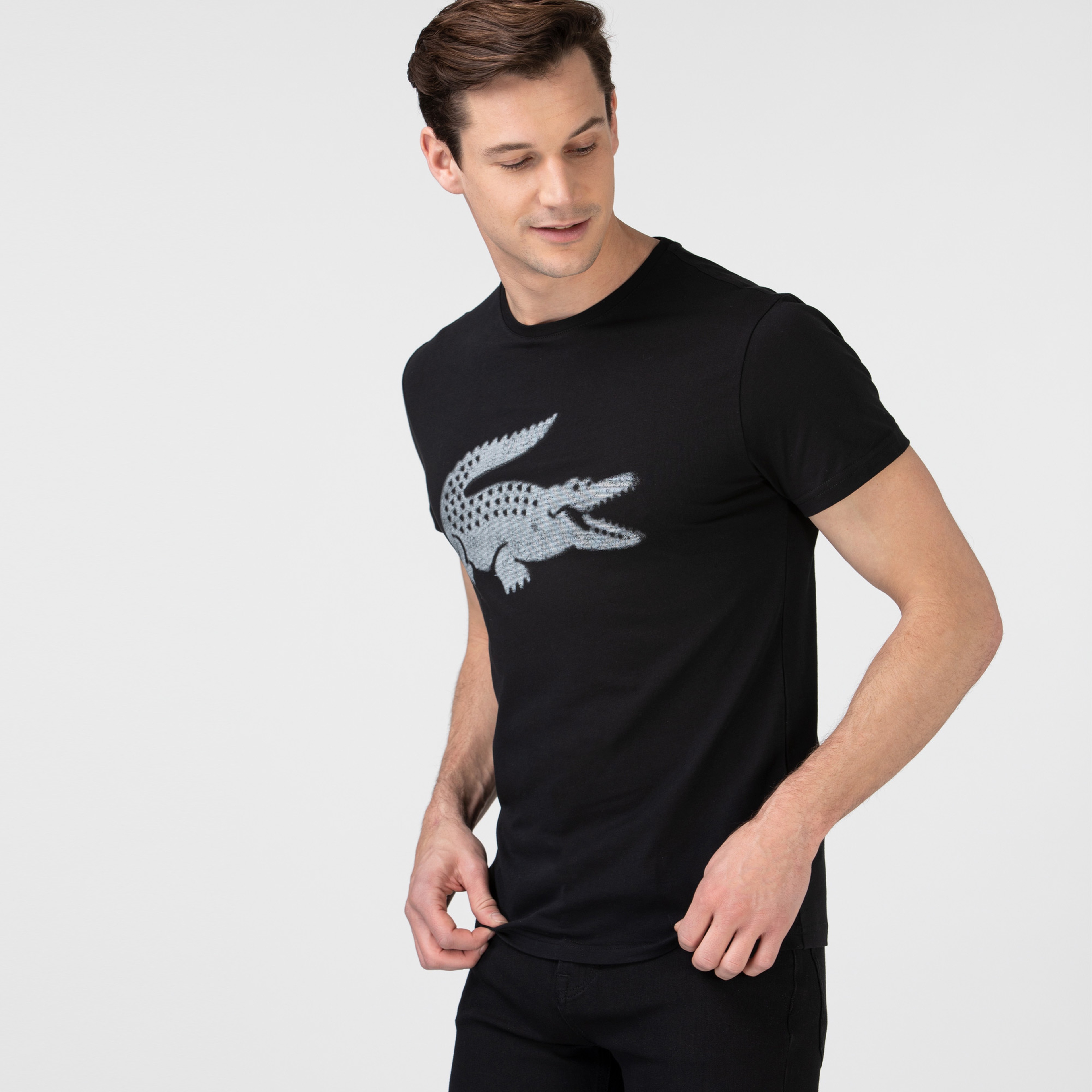 Lacoste Erkek Slim Fit Bisiklet Yaka Timsah Baskılı Siyah T-Shirt