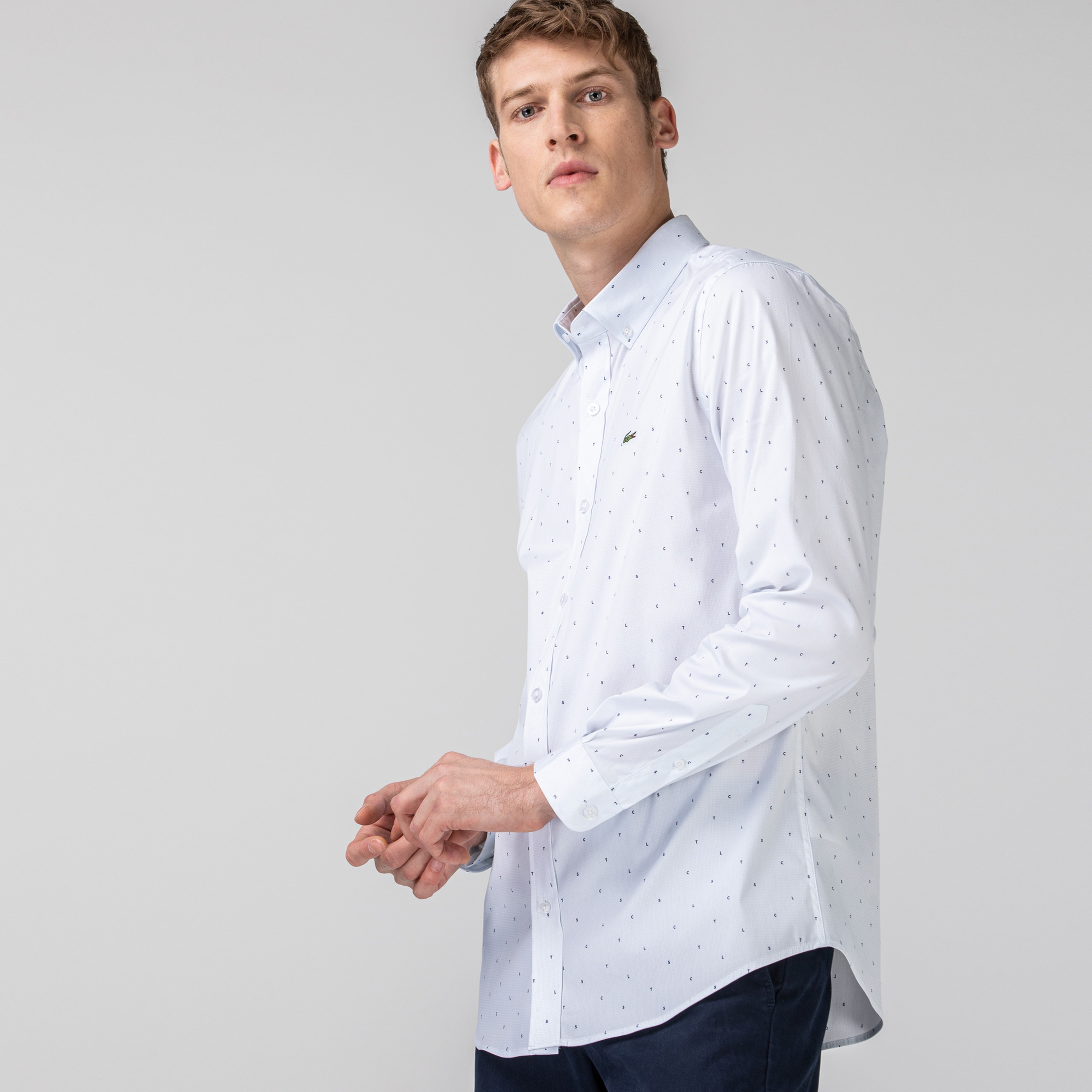 Lacoste Erkek Slim Fit Desenli Beyaz Gömlek