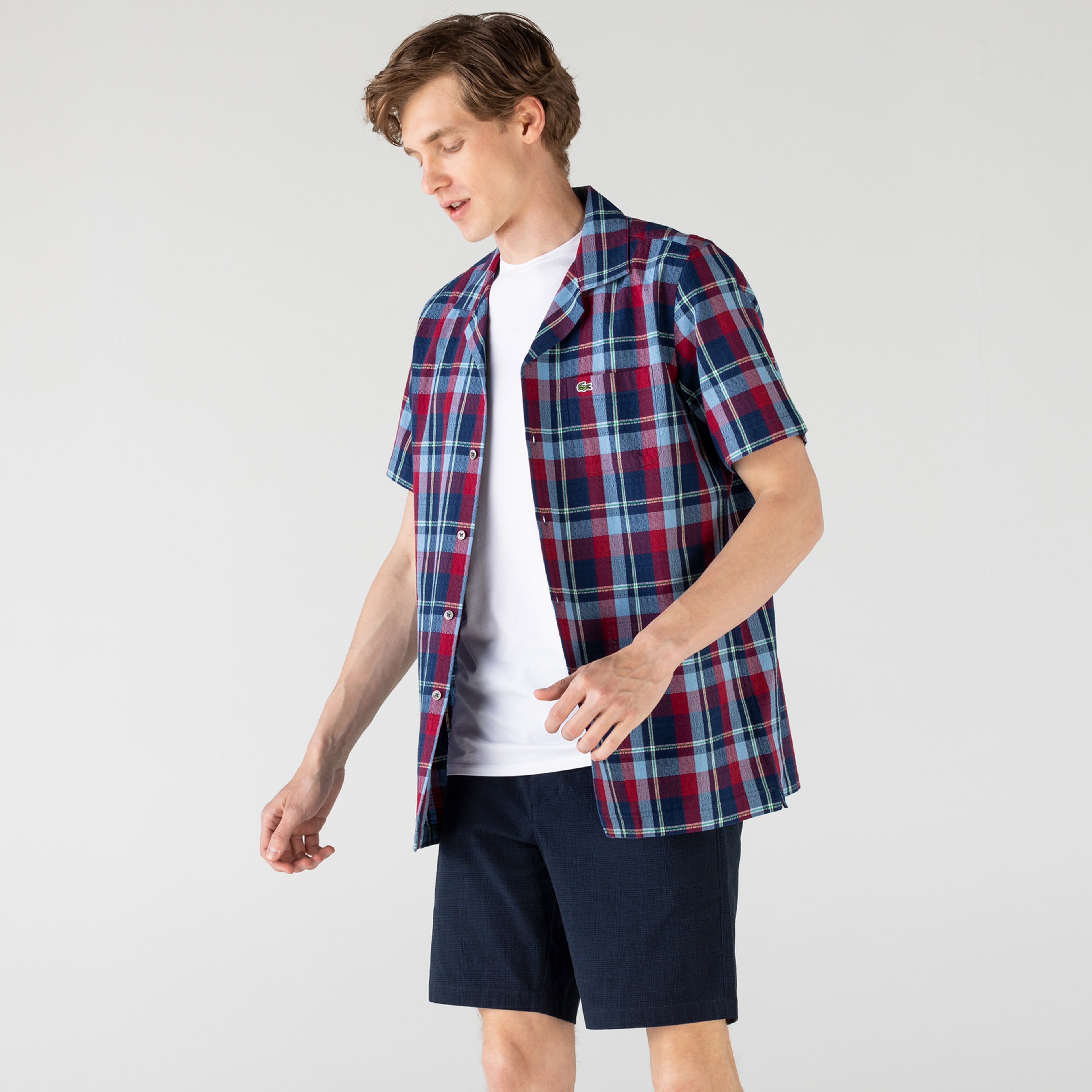 Lacoste Erkek Kısa Kollu Ekose Desenli Renkli Gömlek