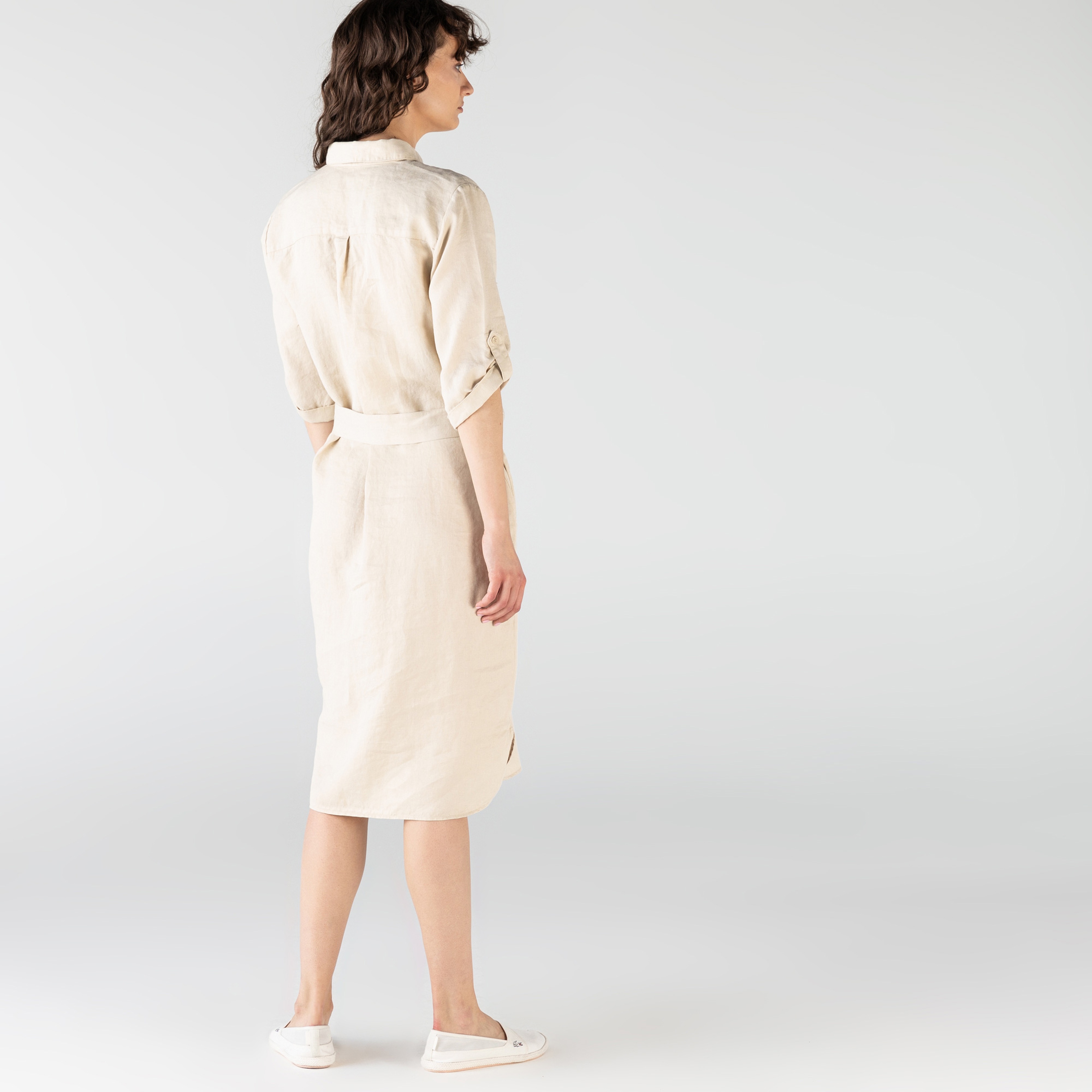 Lacoste Kadın Regular Fit Keten Gömlek Yaka Kısa Kollu Bej Elbise