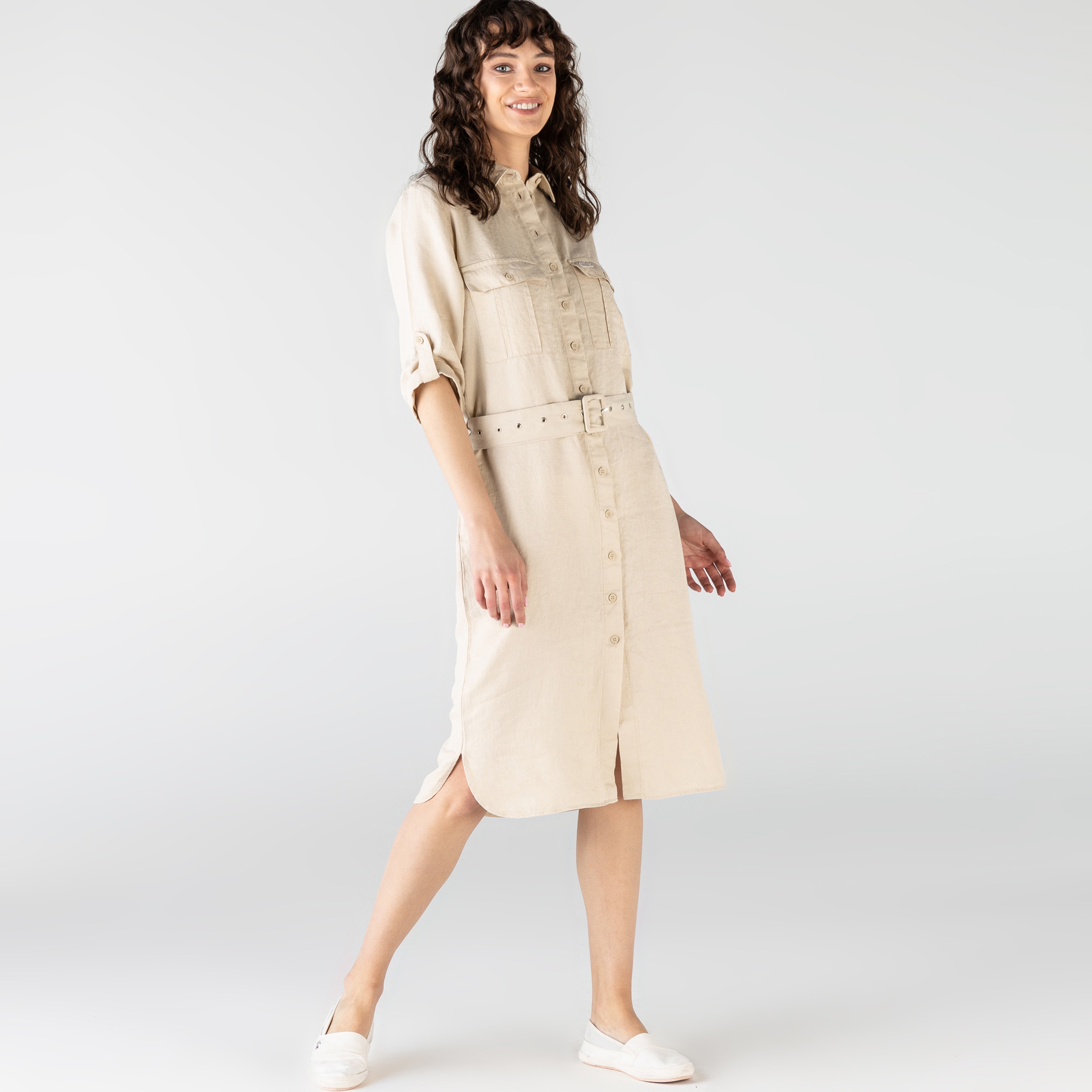 Lacoste Kadın Regular Fit Keten Gömlek Yaka Kısa Kollu Bej Elbise
