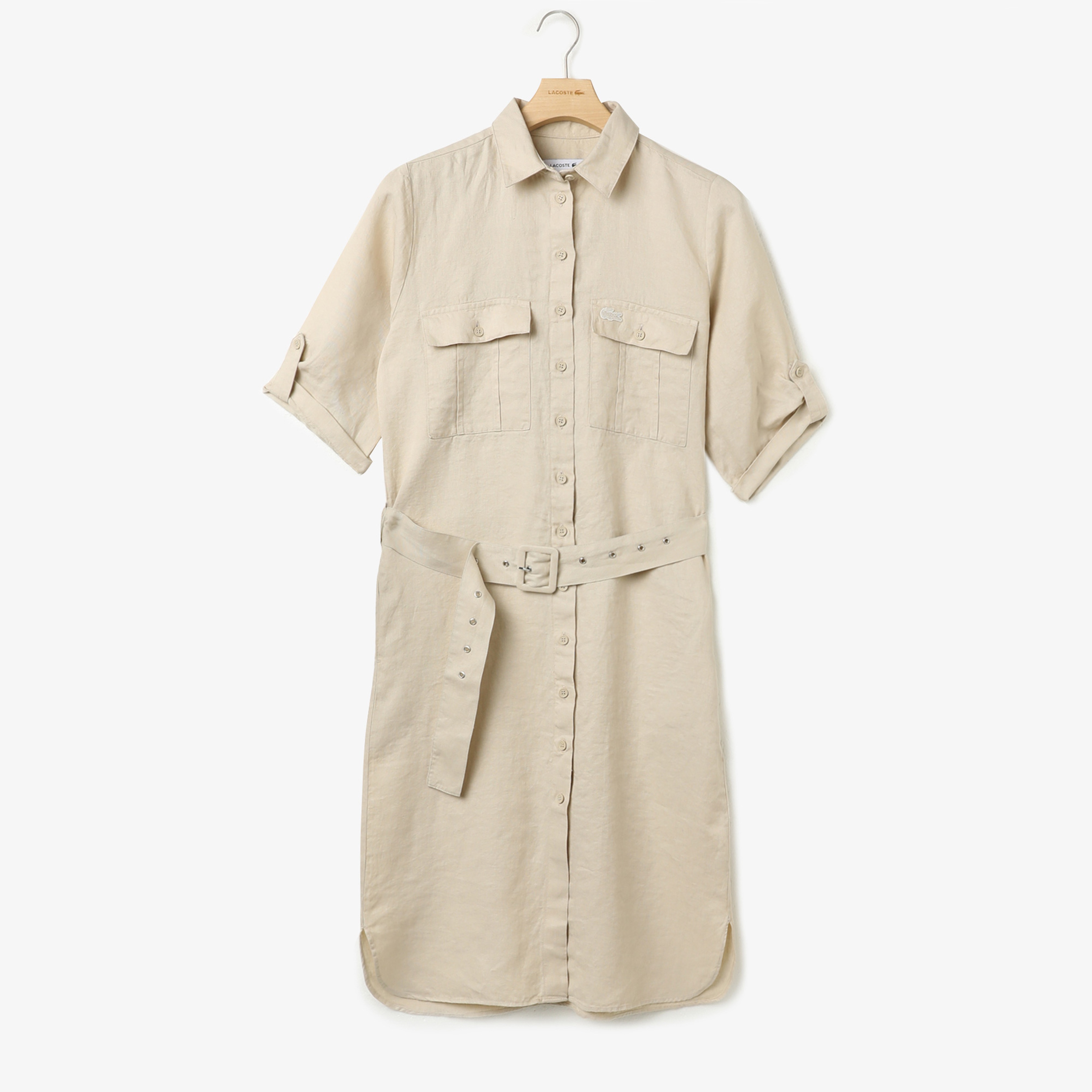 Lacoste Kadın Regular Fit Keten Gömlek Yaka Kısa Kollu Bej Elbise