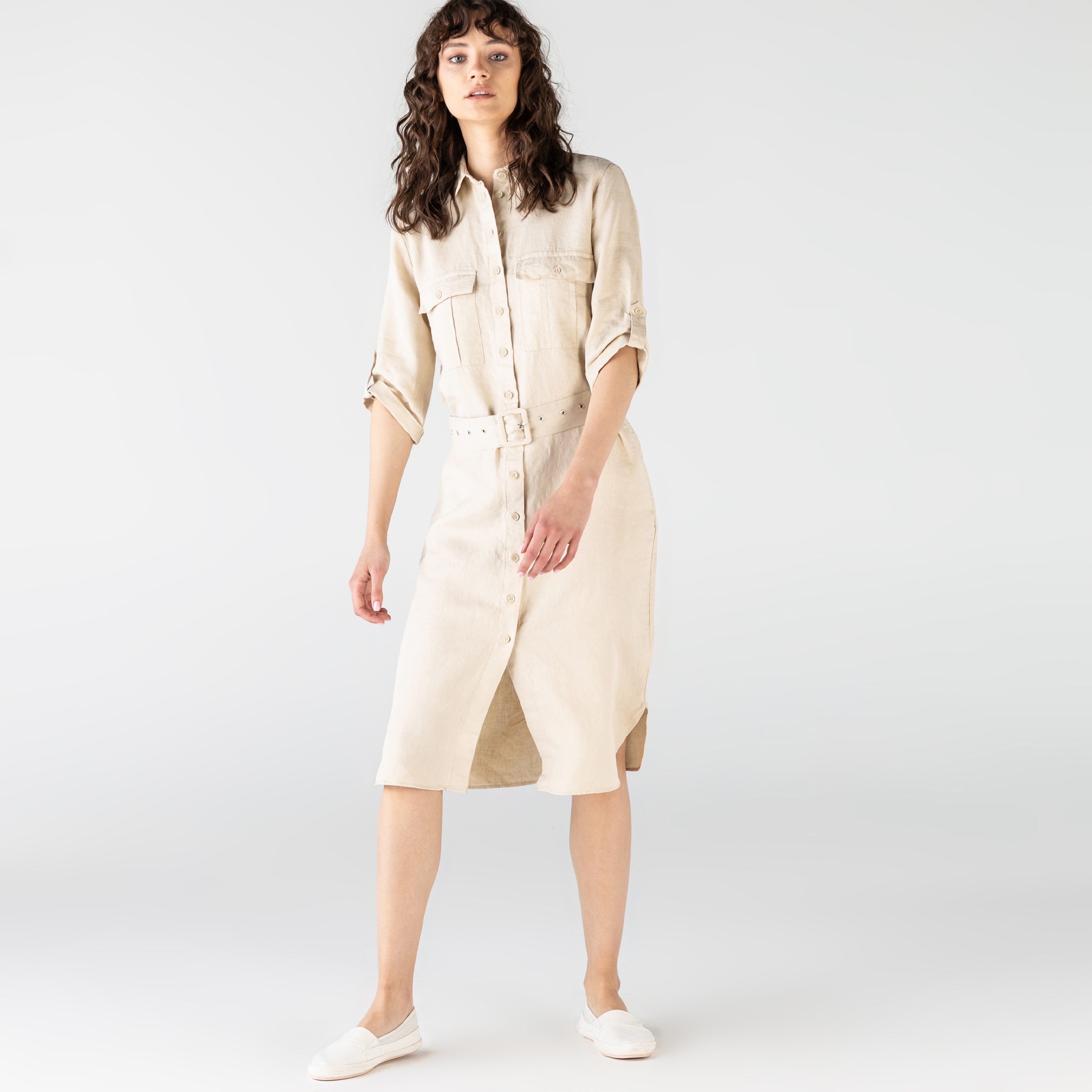 Lacoste Kadın Regular Fit Keten Gömlek Yaka Kısa Kollu Bej Elbise
