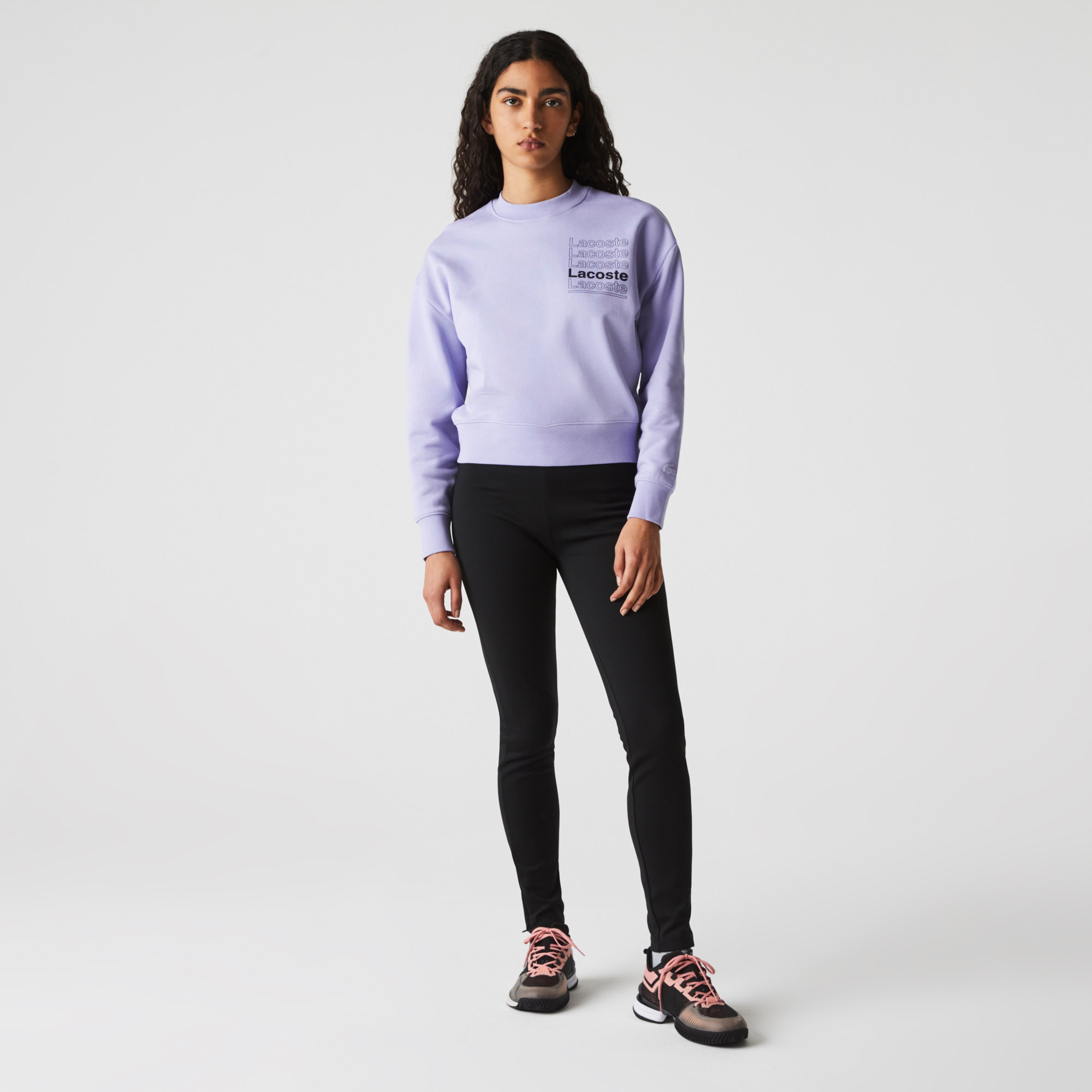 Lacoste L!ve Kadın Boxy Fit Bisiklet Yaka Baskılı Mor Sweatshirt