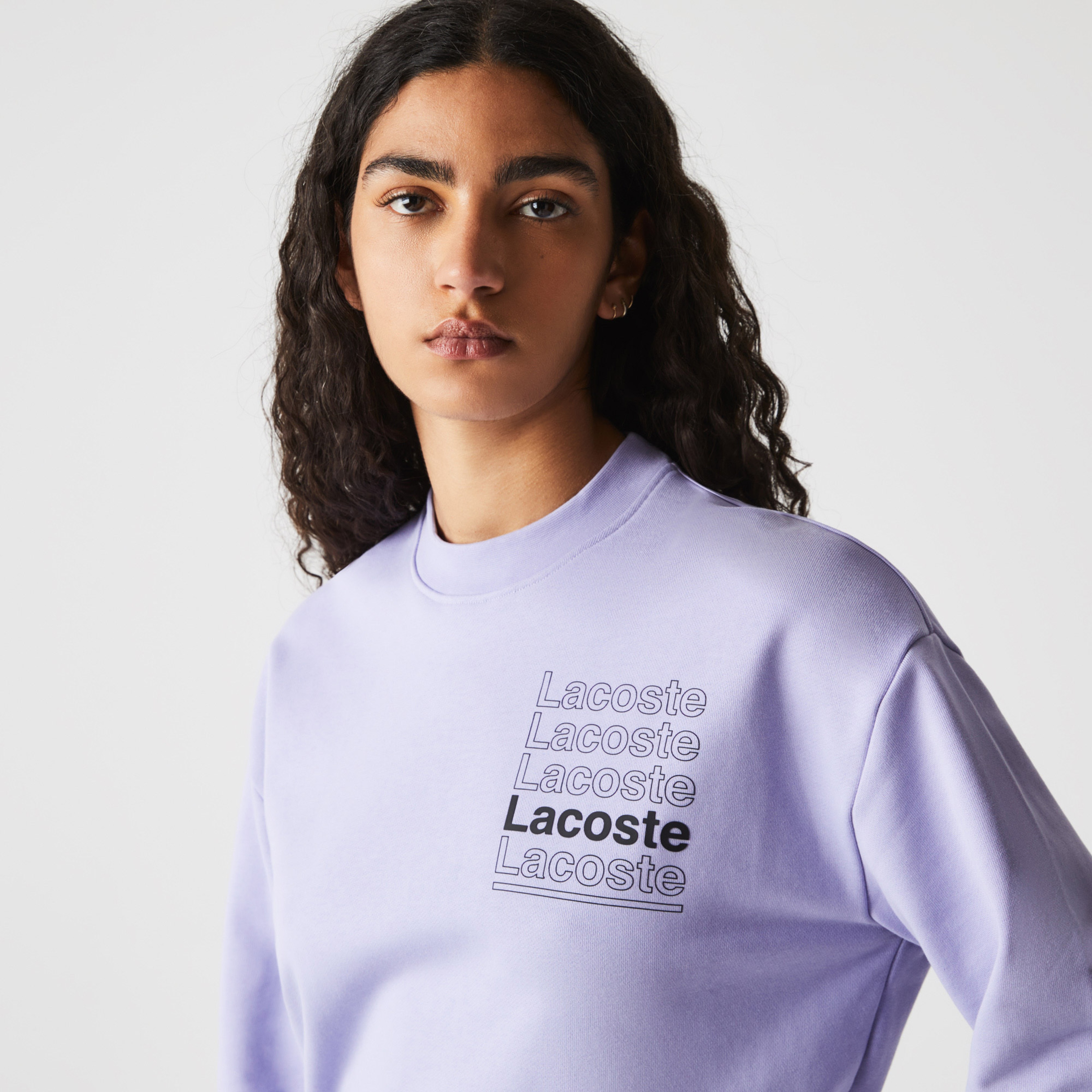 Lacoste L!ve Kadın Boxy Fit Bisiklet Yaka Baskılı Mor Sweatshirt