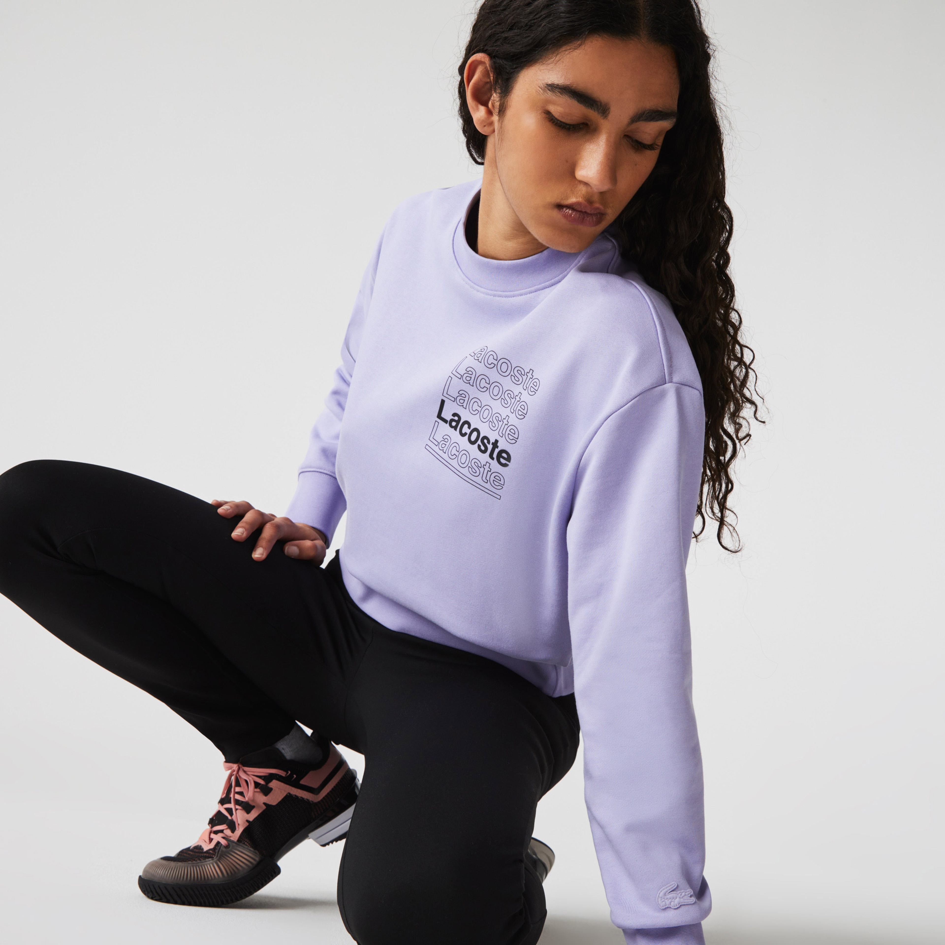 Lacoste L!ve Kadın Boxy Fit Bisiklet Yaka Baskılı Mor Sweatshirt