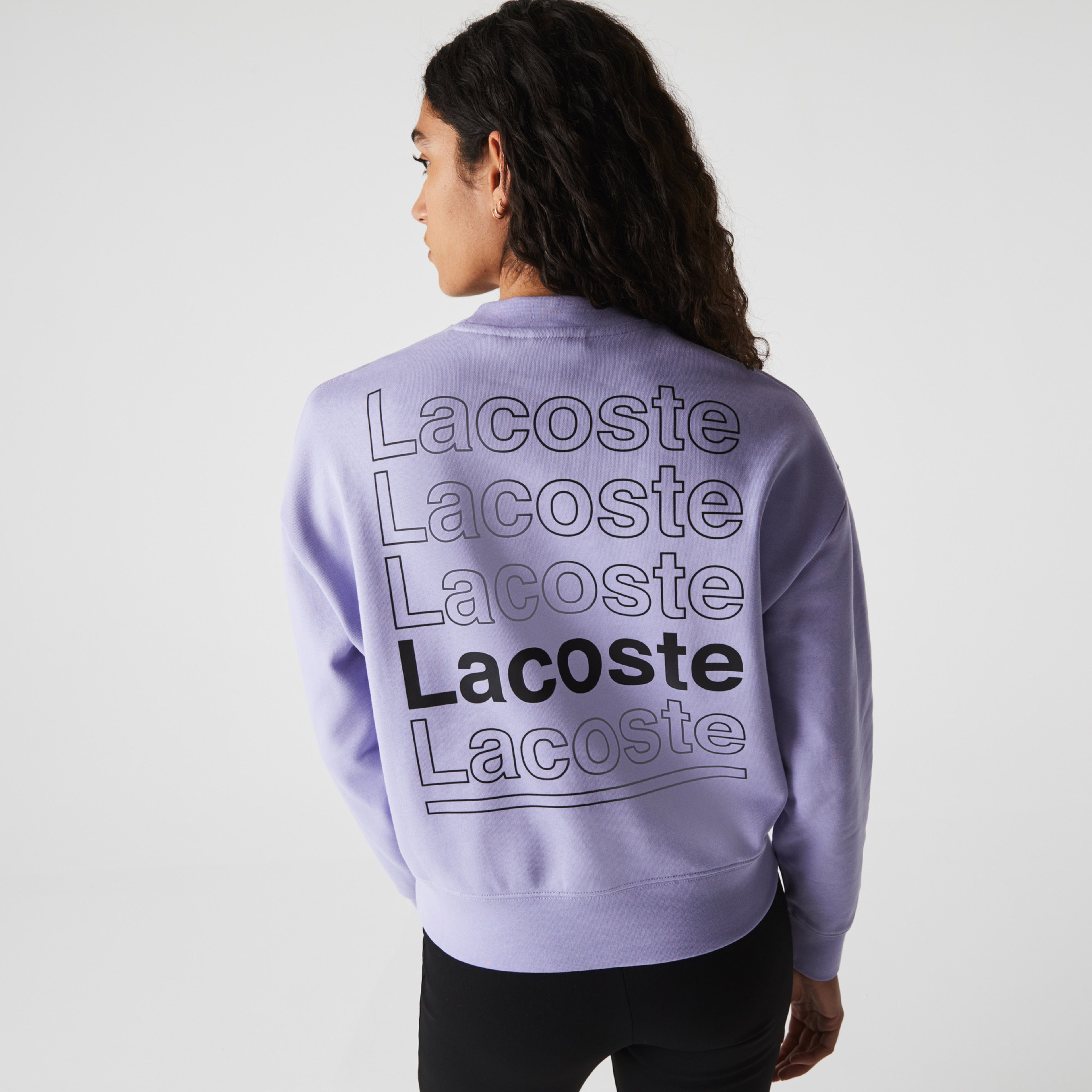 Lacoste L!ve Kadın Boxy Fit Bisiklet Yaka Baskılı Mor Sweatshirt