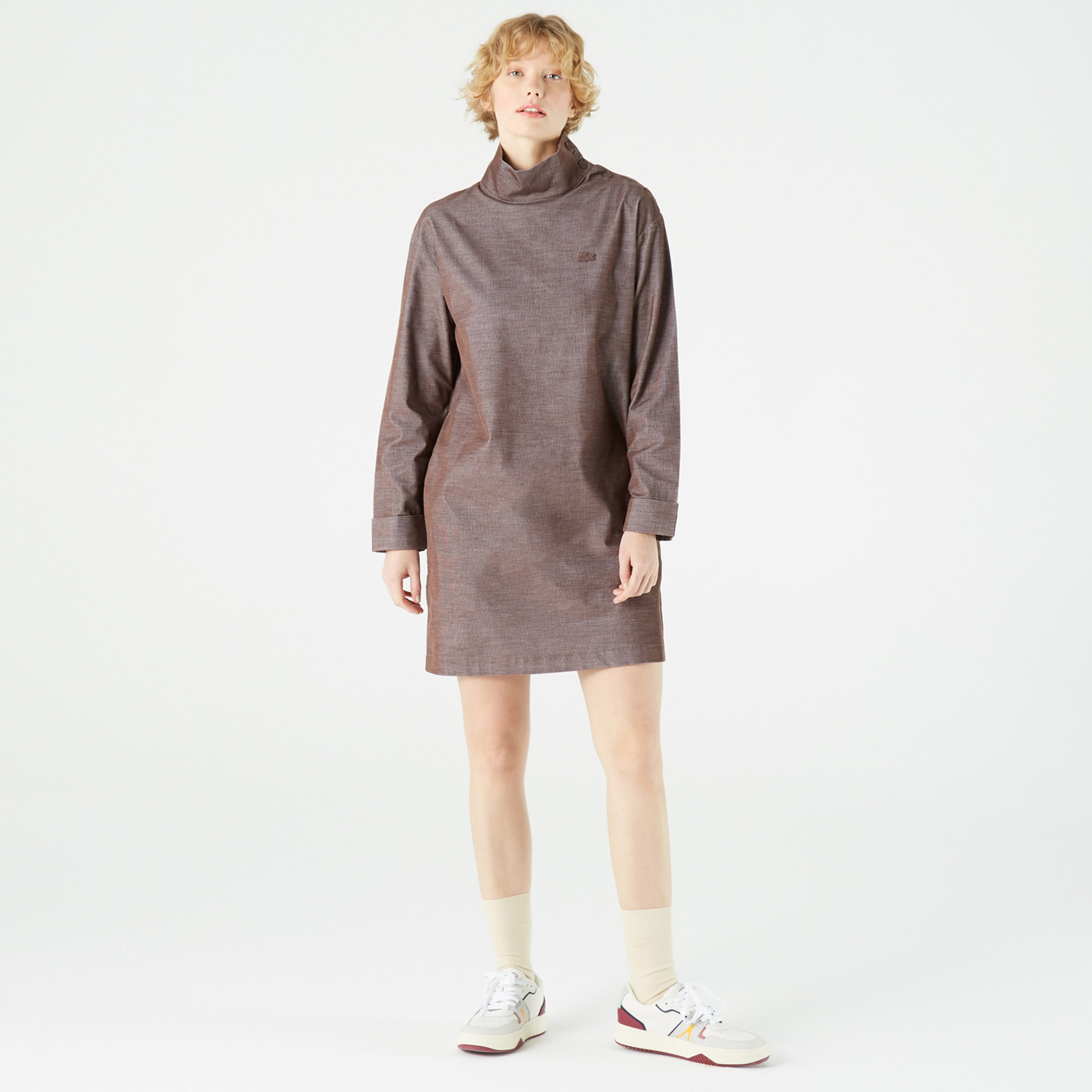 Lacoste Kadın Regular Fit Uzun Kollu Boğazlı Yaka Kahverengi Elbise