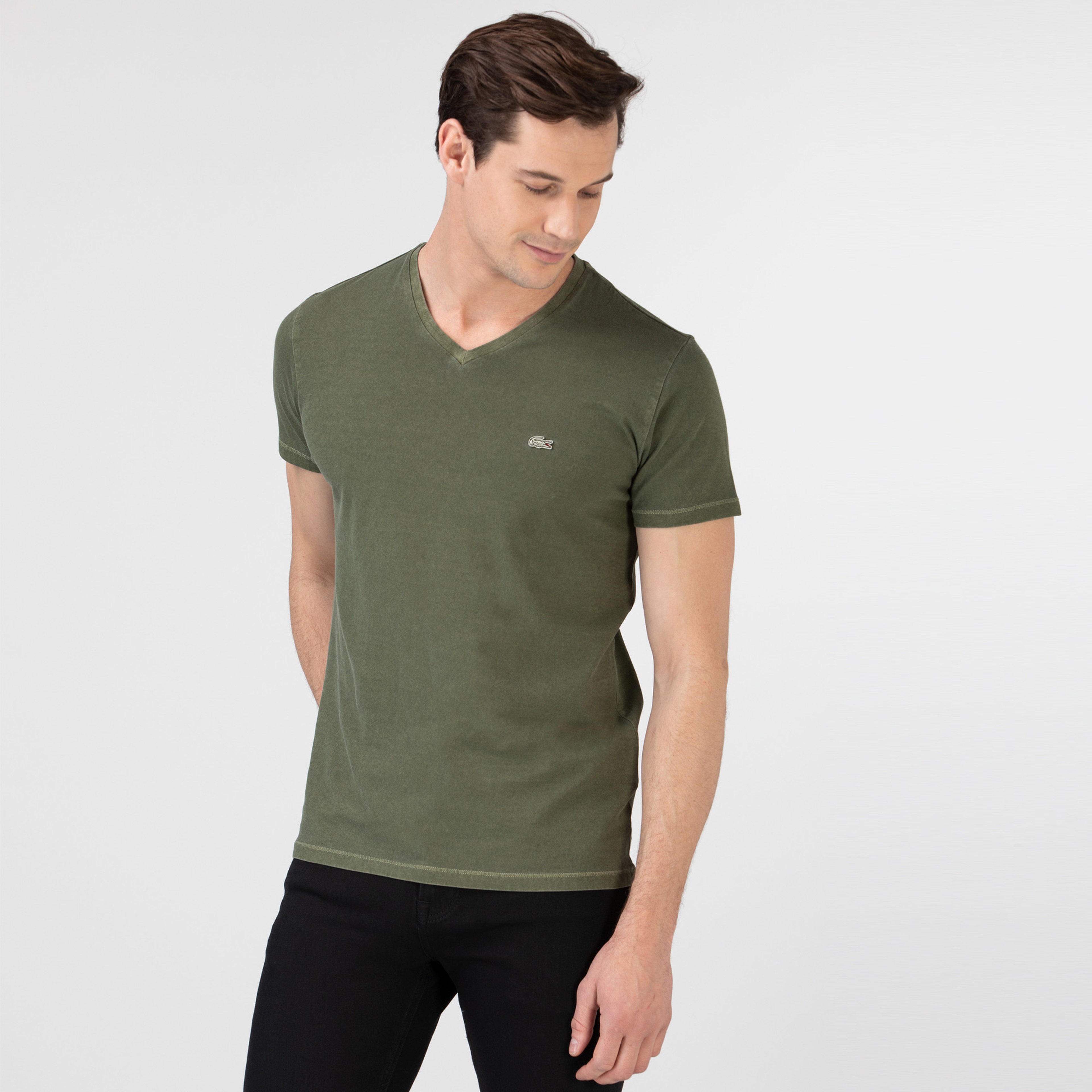Lacoste Erkek Slim Fit V Yaka Haki T-Shirt