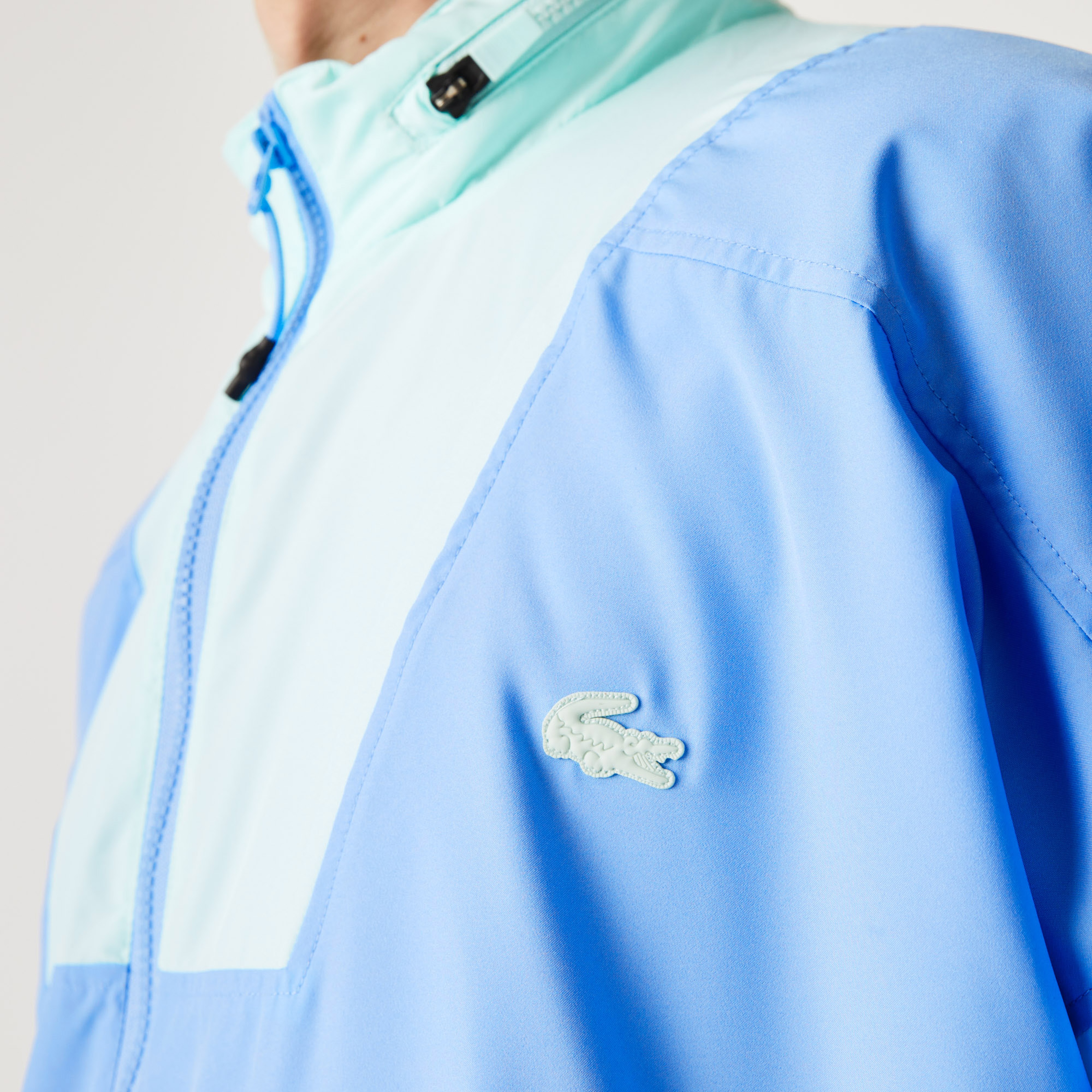 Lacoste Erkek Dik Yaka Renk Bloklu Fermuarlı Kapüşonlu Mavi - Açık Yeşil Rüzgarlık