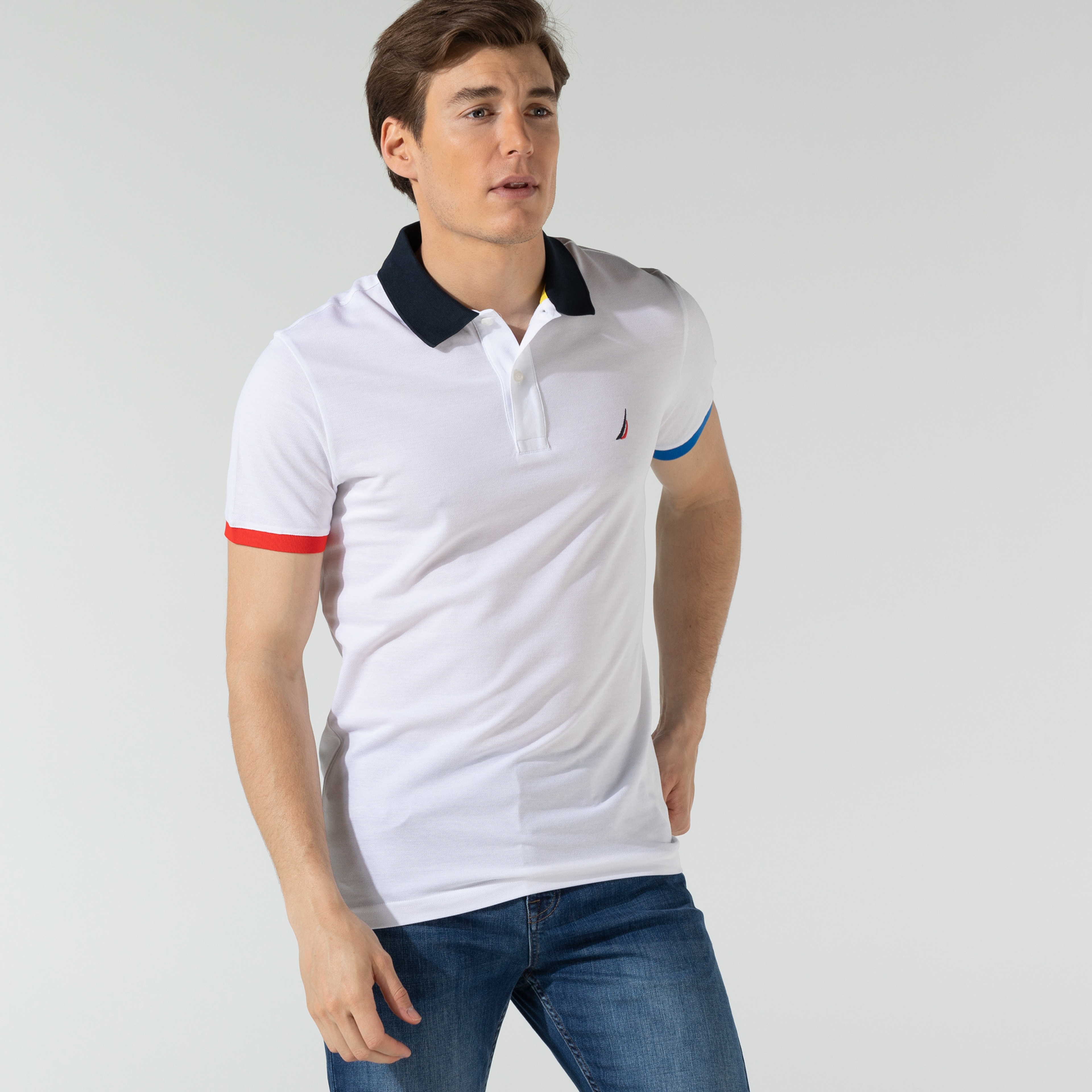 NAUTICA ERKEK BEYAZ SLIM FIT KISA KOLLU ÇİZGİLİ POLO
