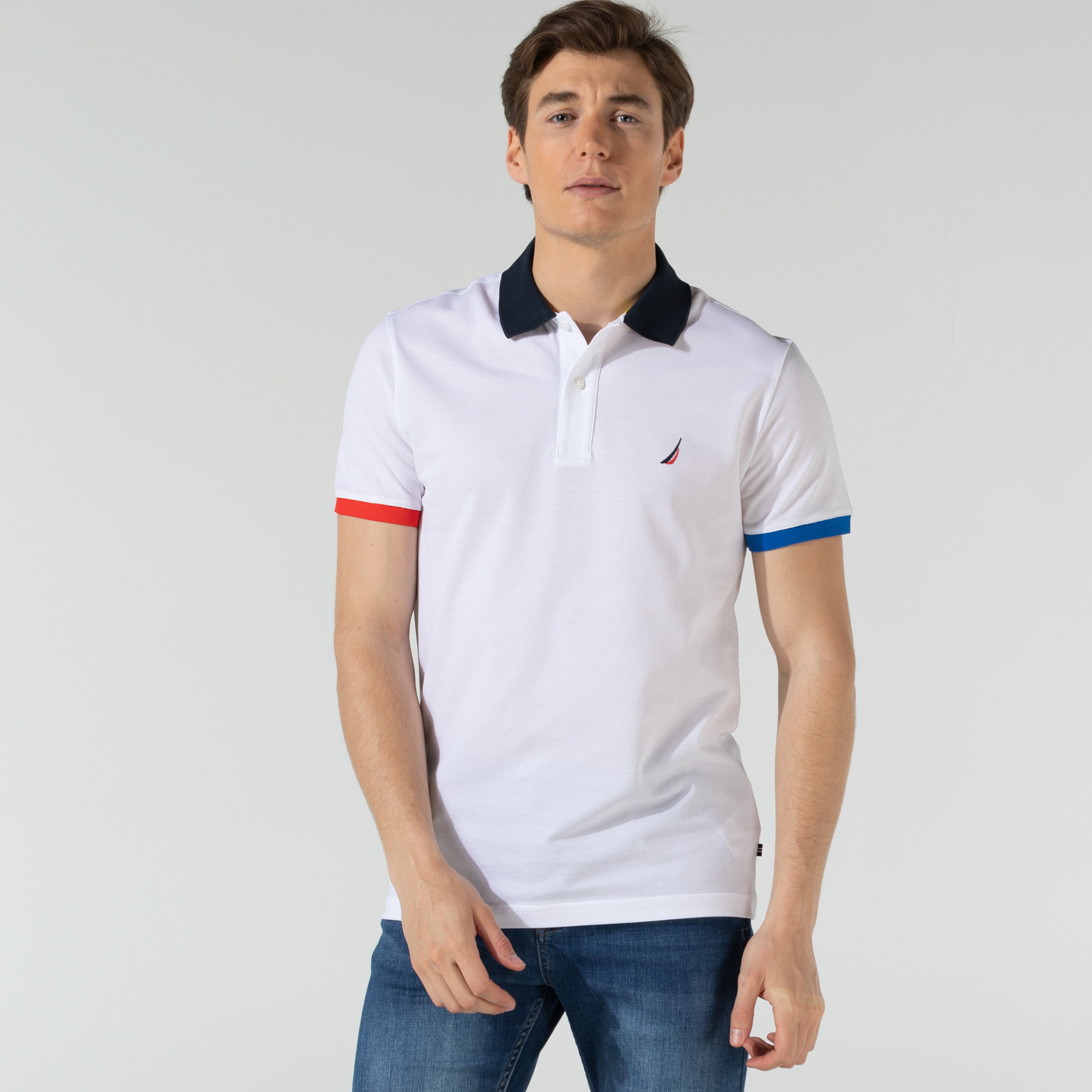 NAUTICA ERKEK BEYAZ SLIM FIT KISA KOLLU ÇİZGİLİ POLO