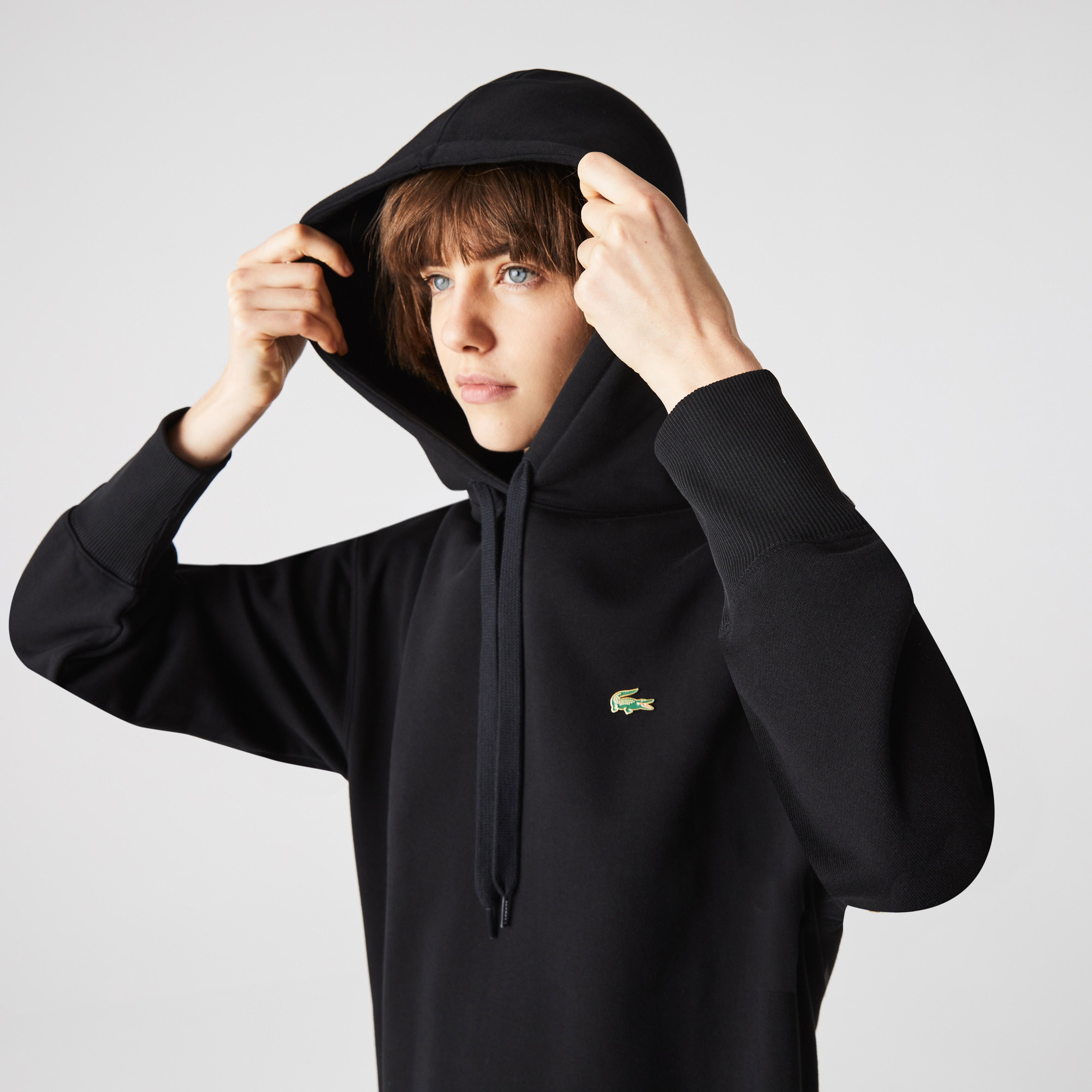 Lacoste L!VE Kadın Loose Fit Uzun Kollu Kapüşonlu Oversize Siyah Elbise