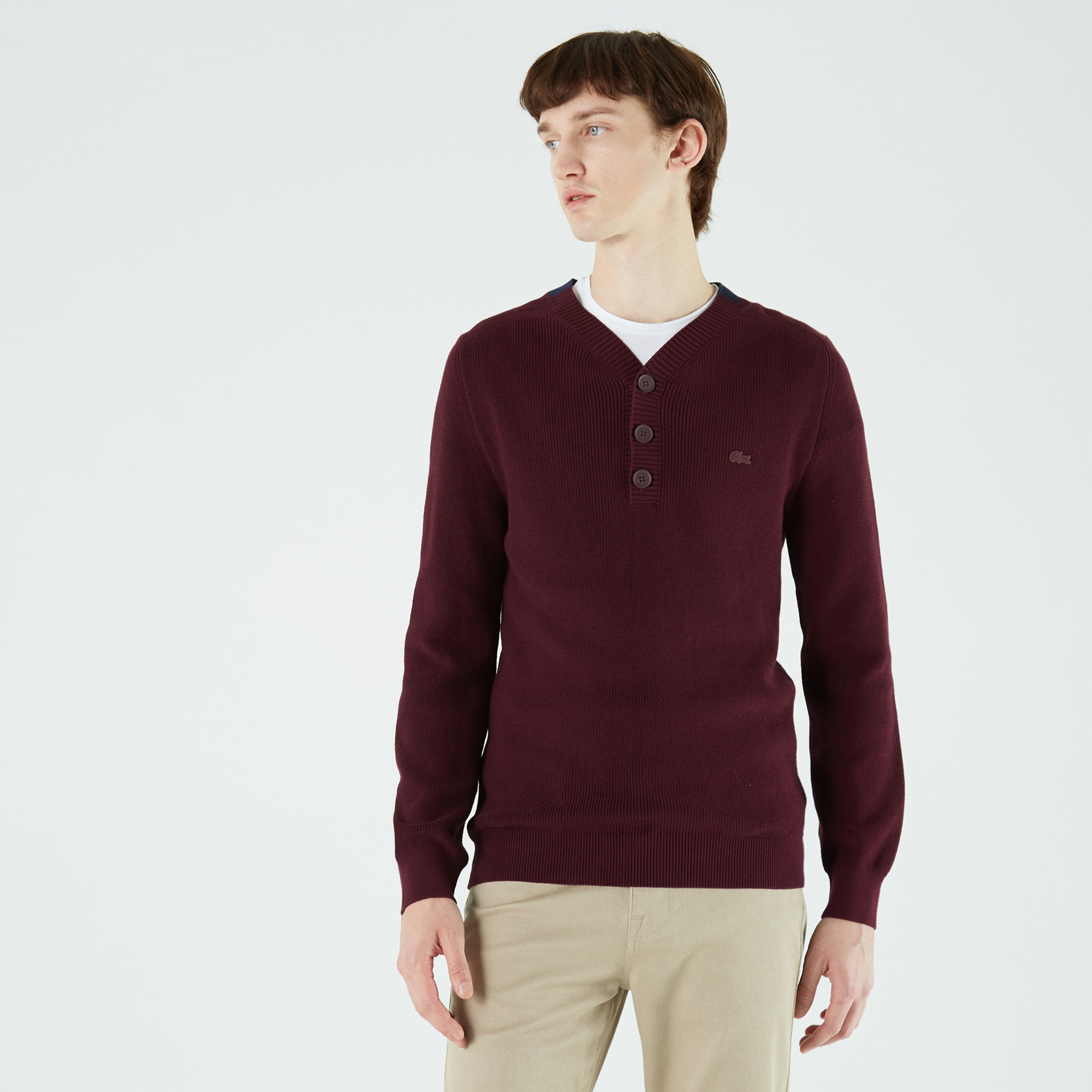 Lacoste Erkek Regular Fit Düğmeli Yaka Bordo Kazak