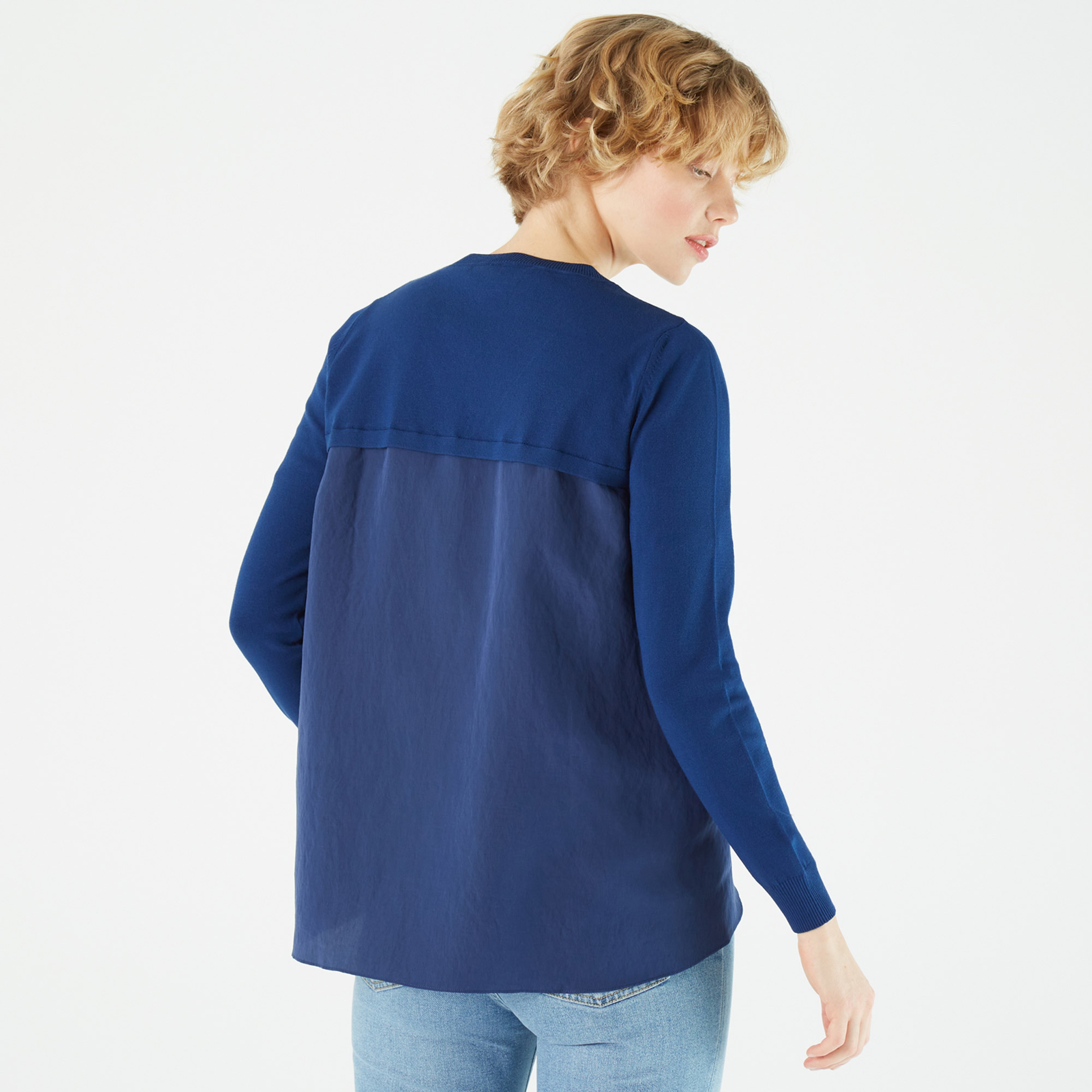 Lacoste Kadın V Yaka Renk Bloklu Lacivert Kazak