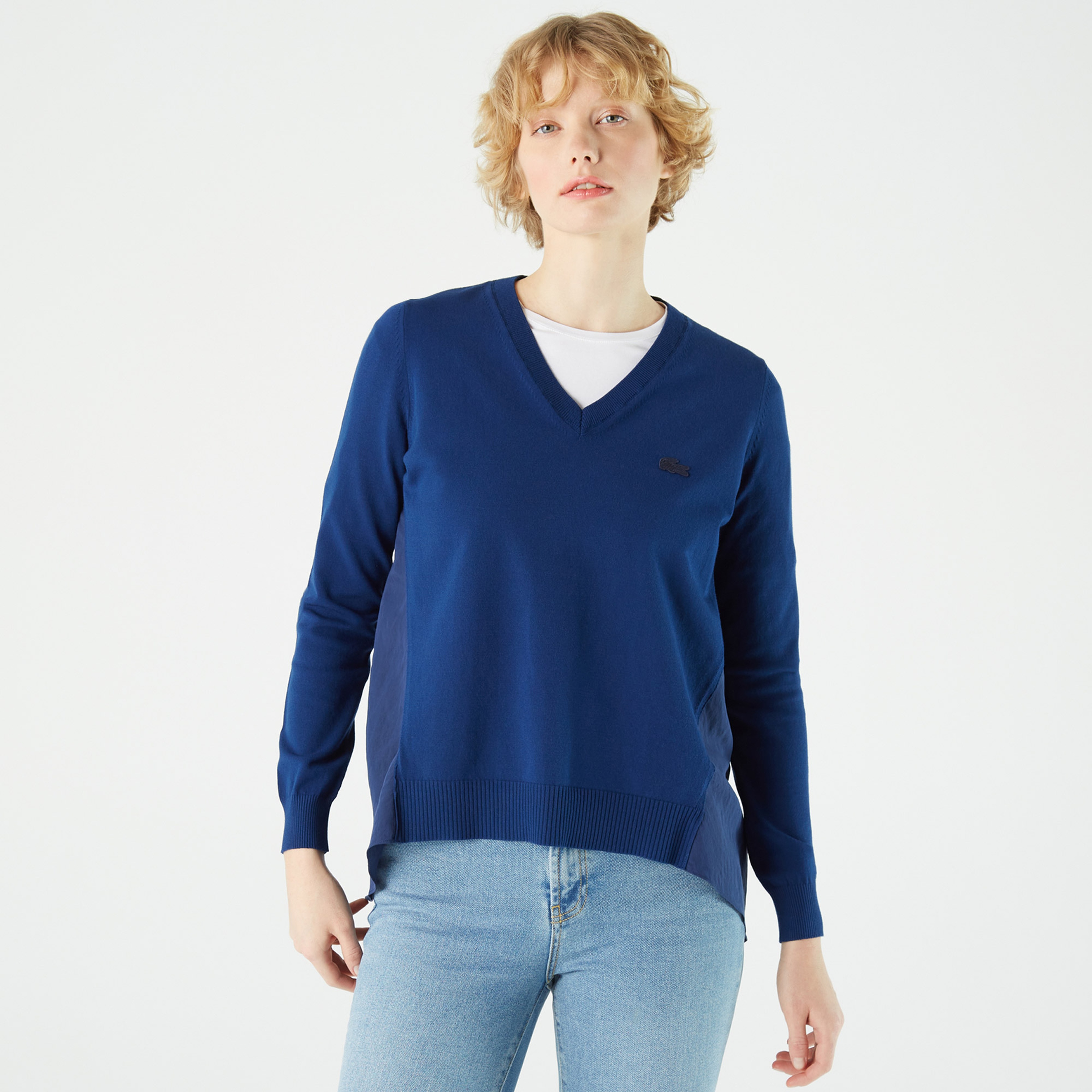 Lacoste Kadın V Yaka Renk Bloklu Lacivert Kazak