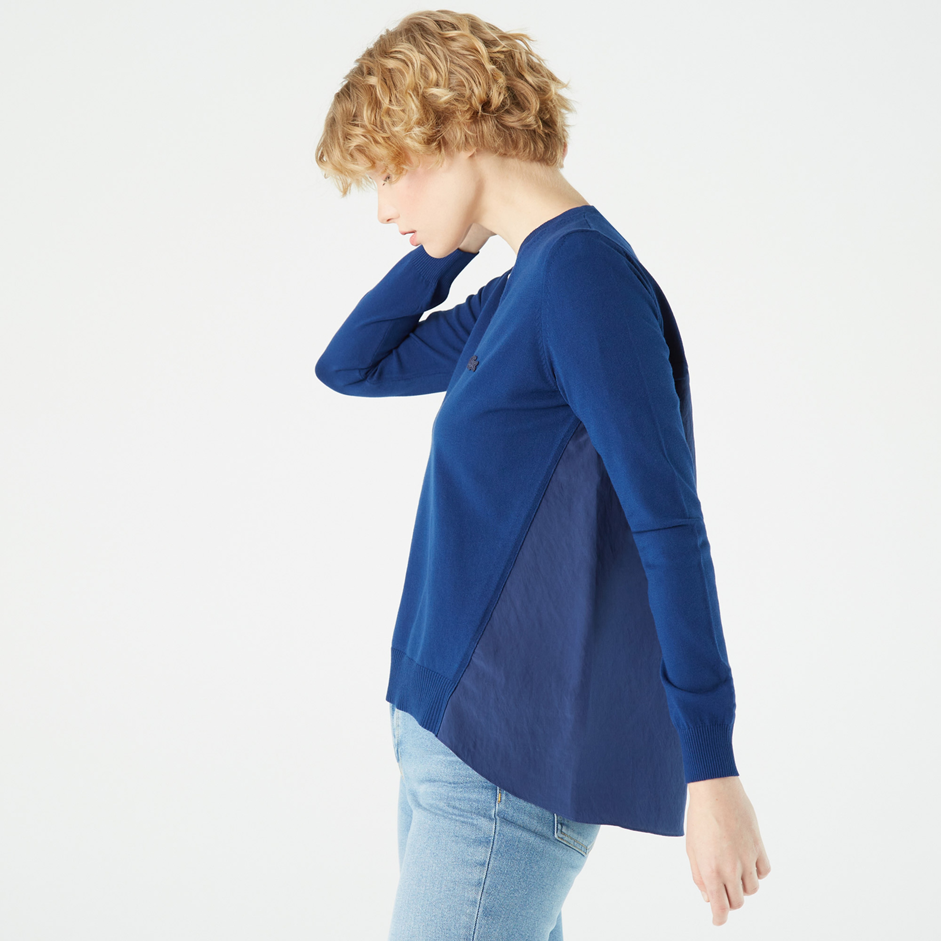 Lacoste Kadın V Yaka Renk Bloklu Lacivert Kazak