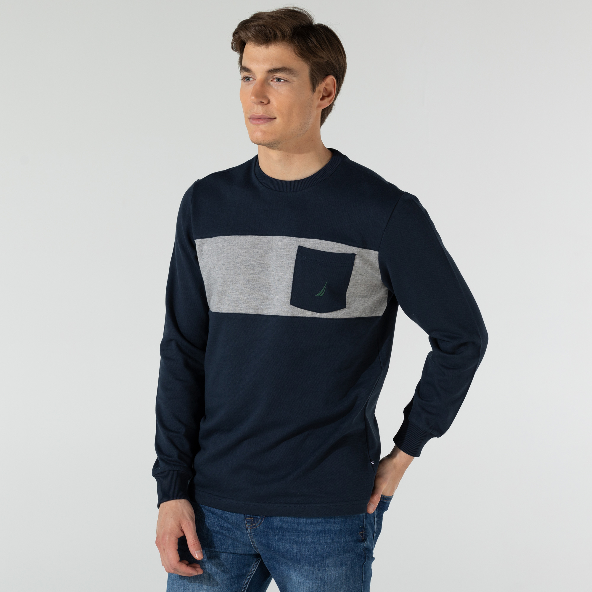 Nautica Erkek Lacivert Blok Desenli Sweatshirt
