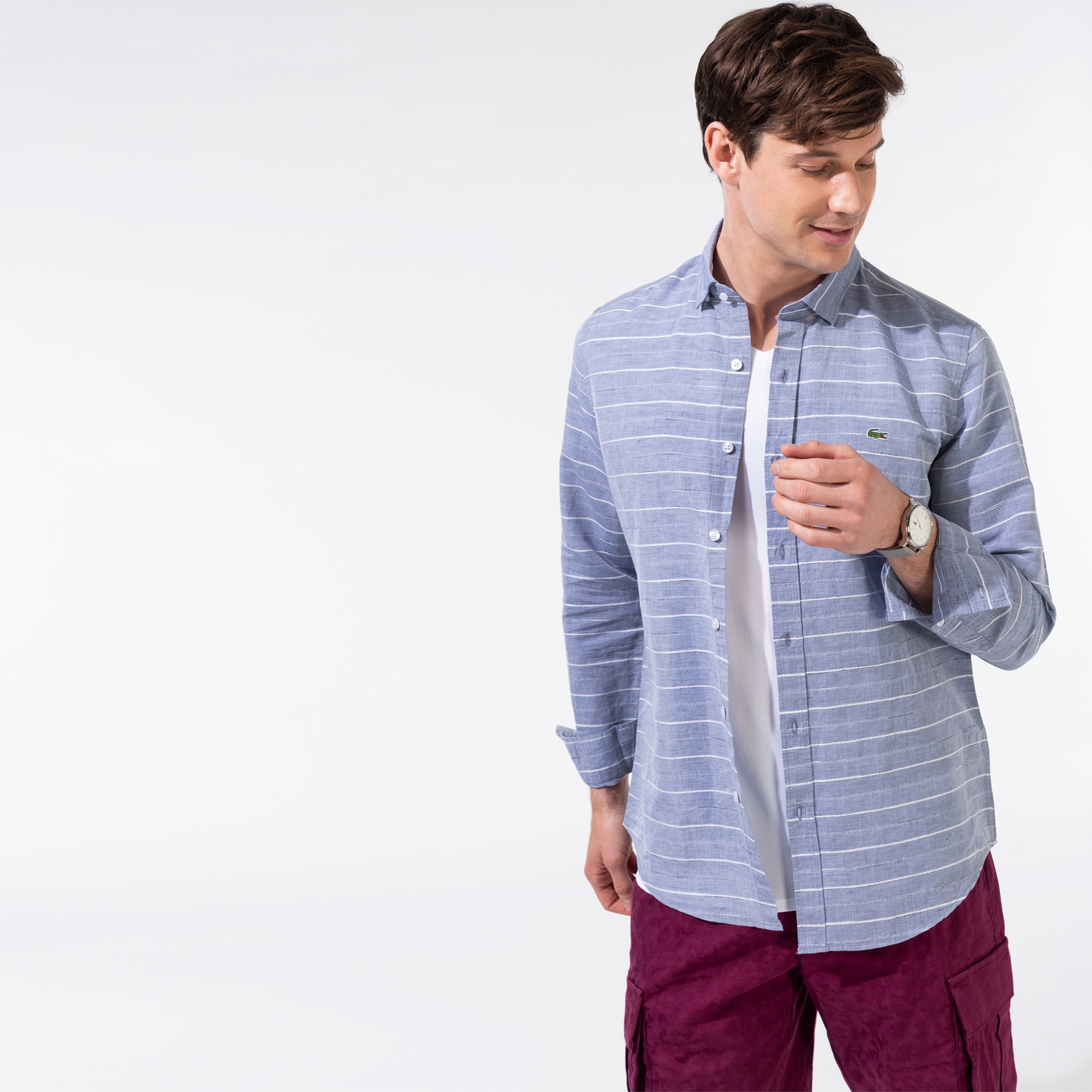 Lacoste Erkek Slim Fit Çizgili Gri Gömlek