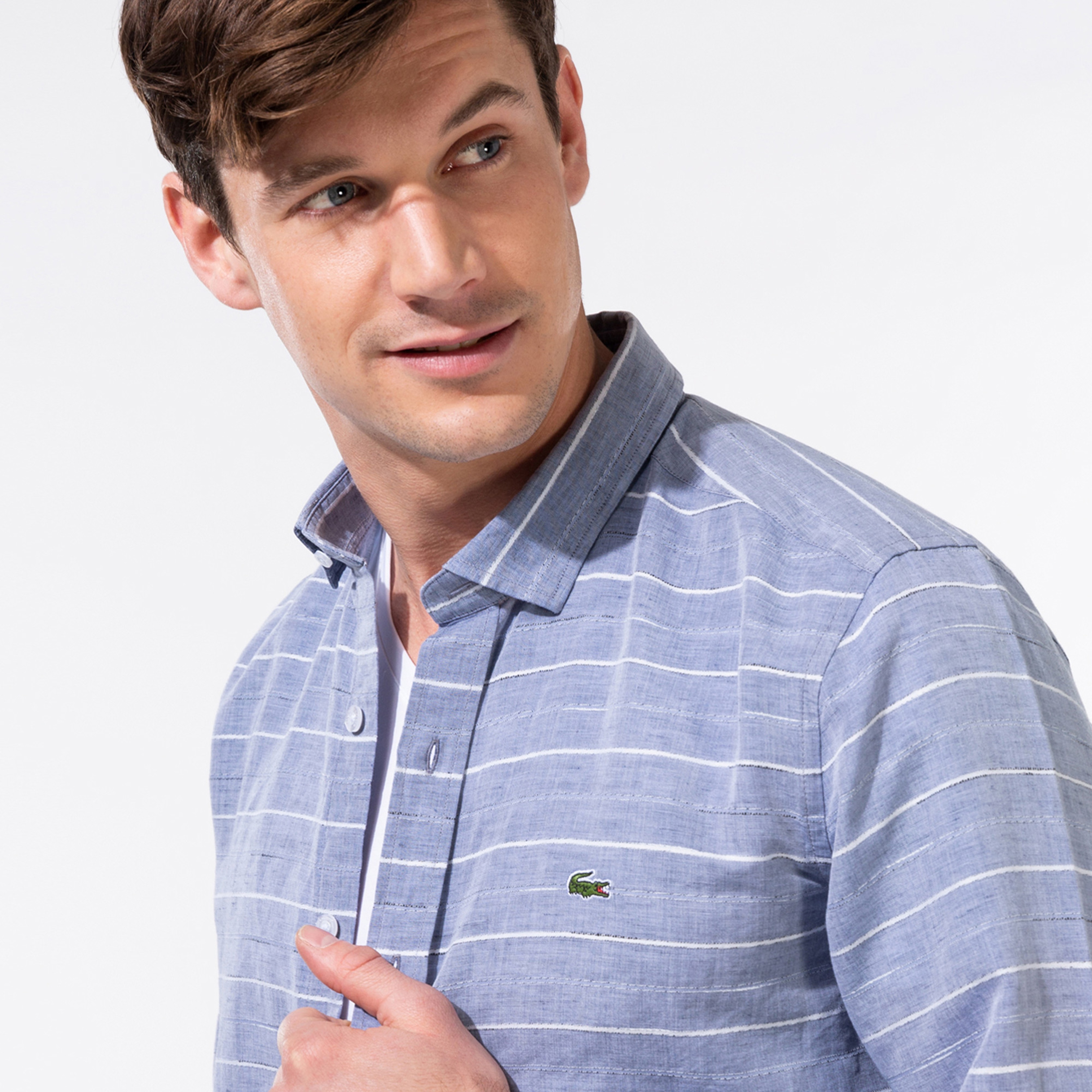 Lacoste Erkek Slim Fit Çizgili Gri Gömlek