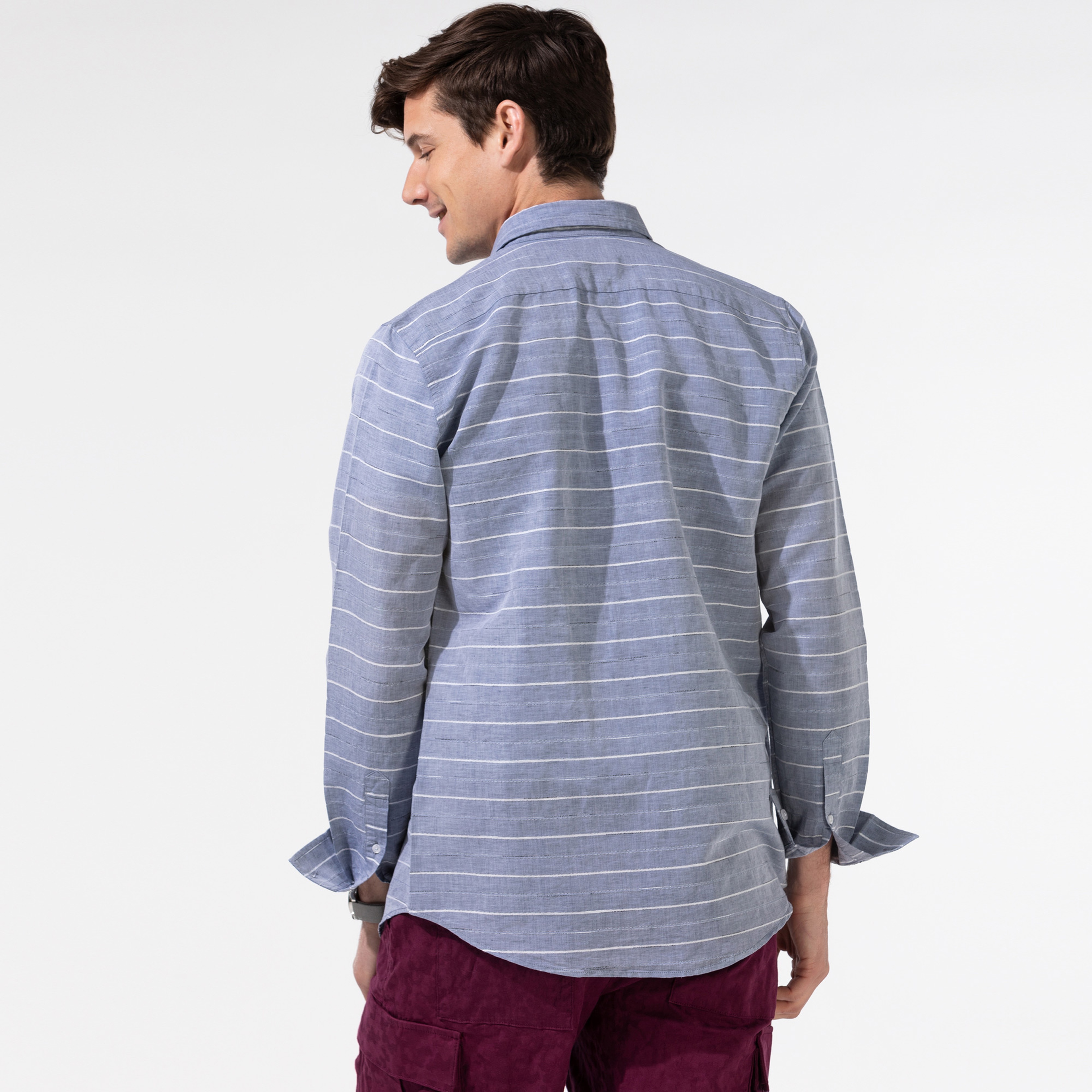 Lacoste Erkek Slim Fit Çizgili Gri Gömlek