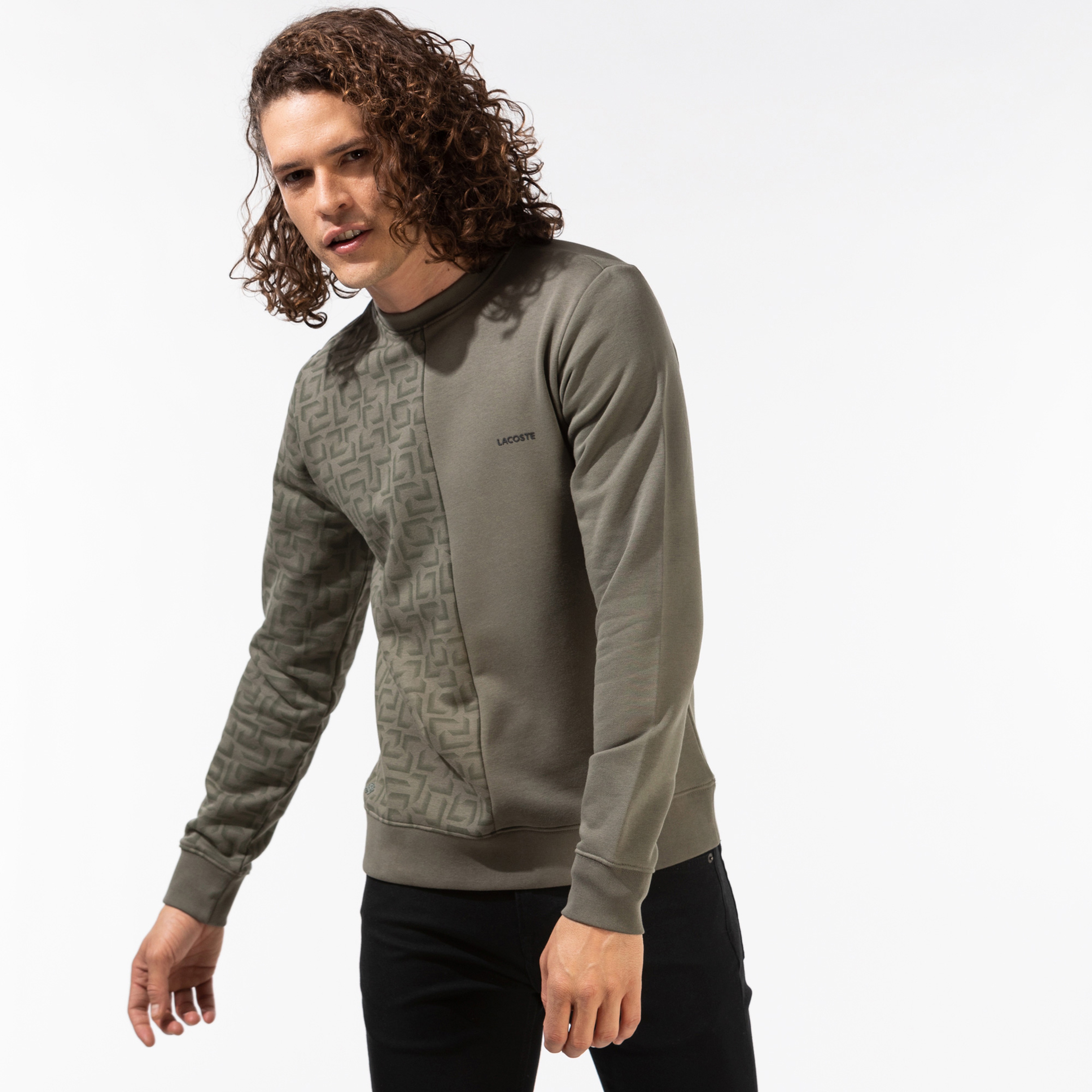 Lacoste Erkek Bisiklet Yaka Desenli Haki Sweatshirt