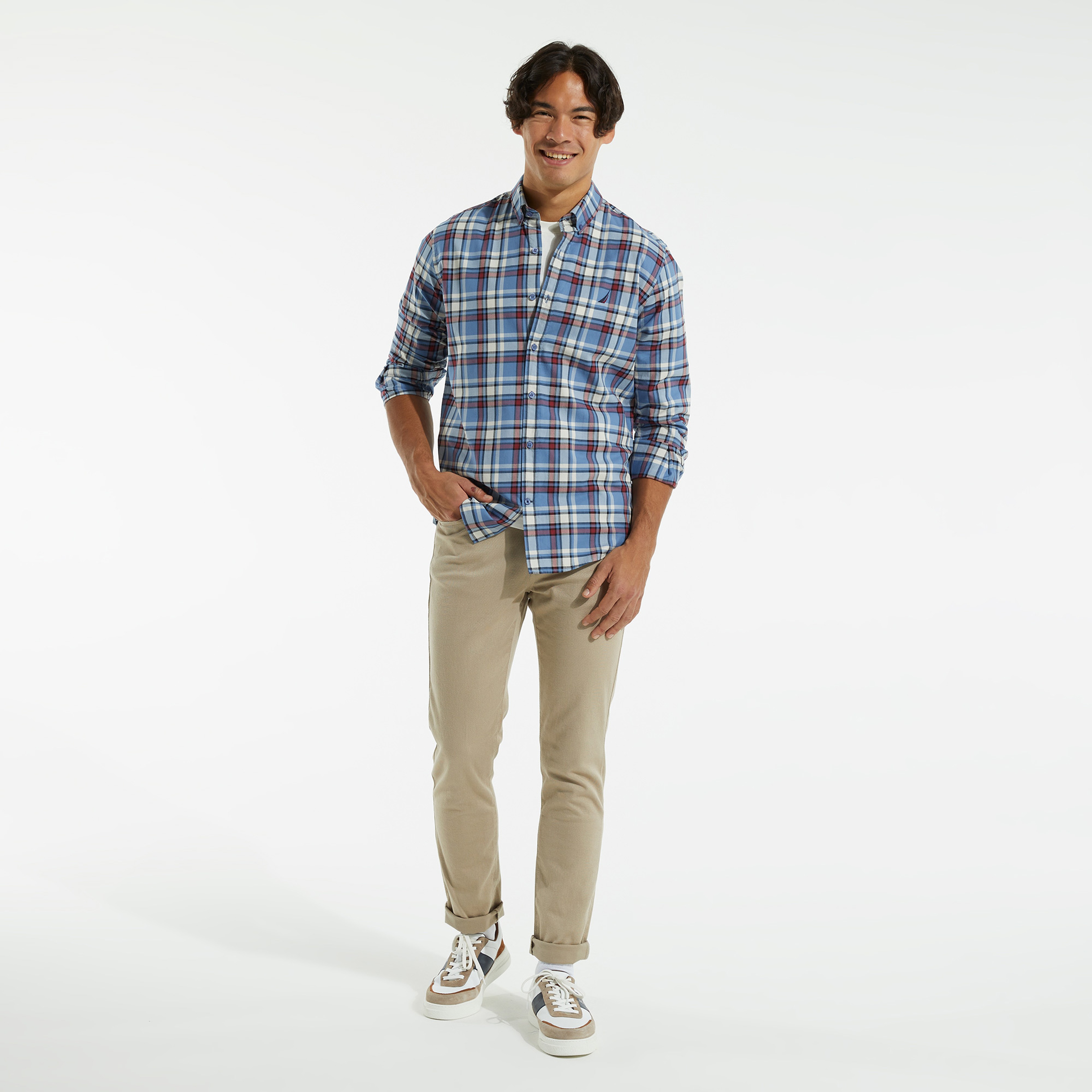 NAUTICA ERKEK MAVİ UZUN KOLLU CLASSIC FIT EKOSE GÖMLEK