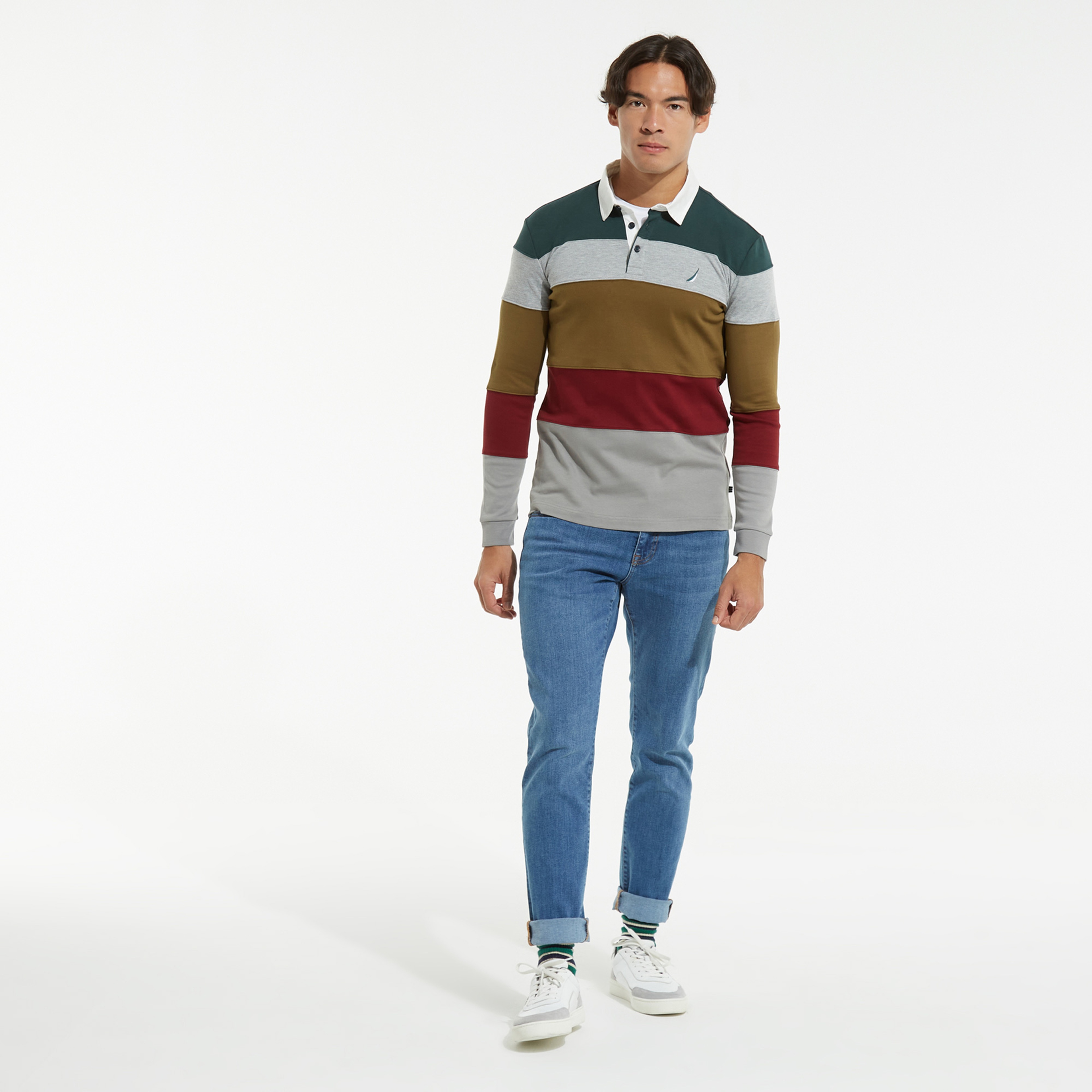 NAUTICA ERKEK YEŞİL SLİM FİT BLOKLU UZUN KOLLU POLO