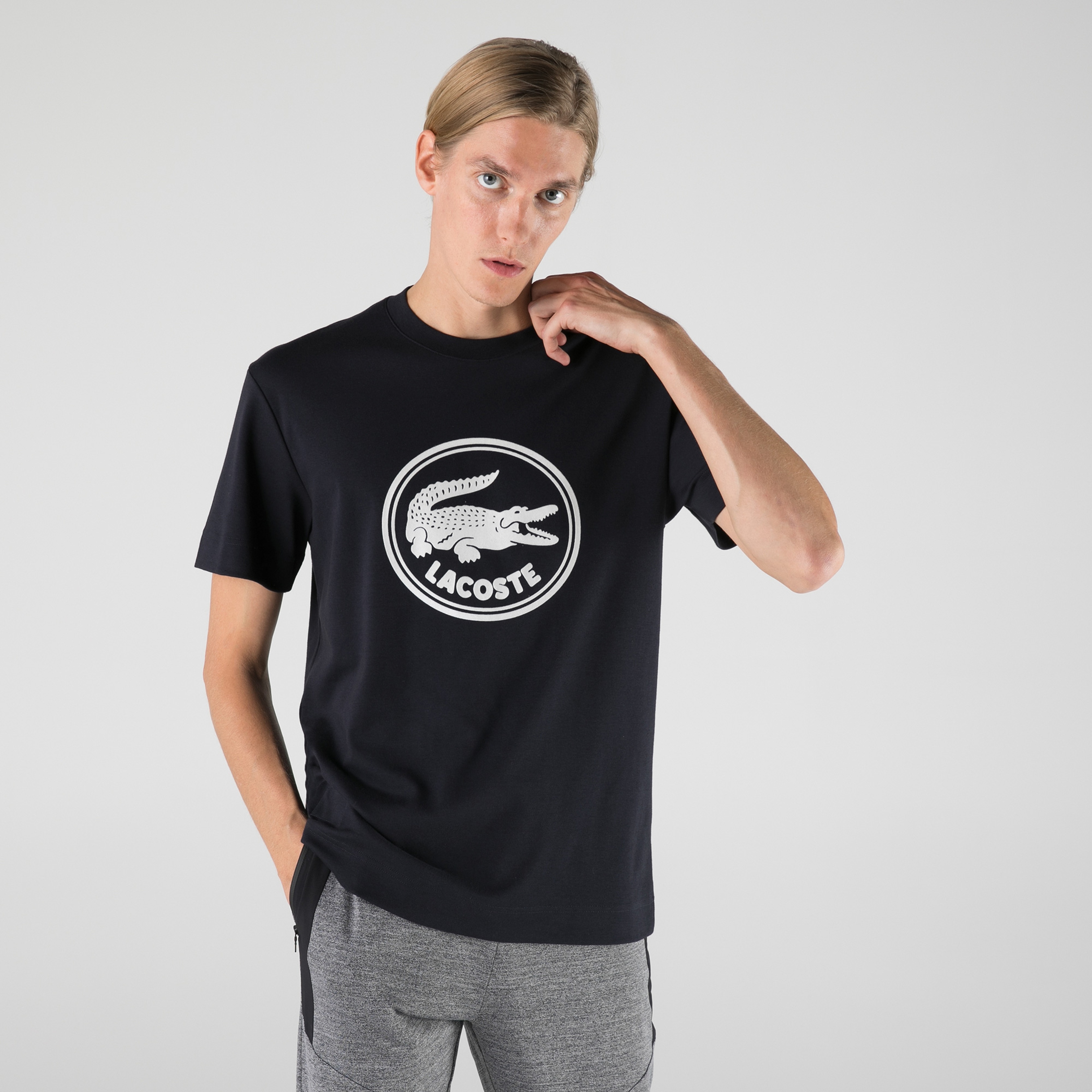Lacoste Erkek Relaxed Fit Bisiklet Yaka Baskılı Siyah T-Shirt