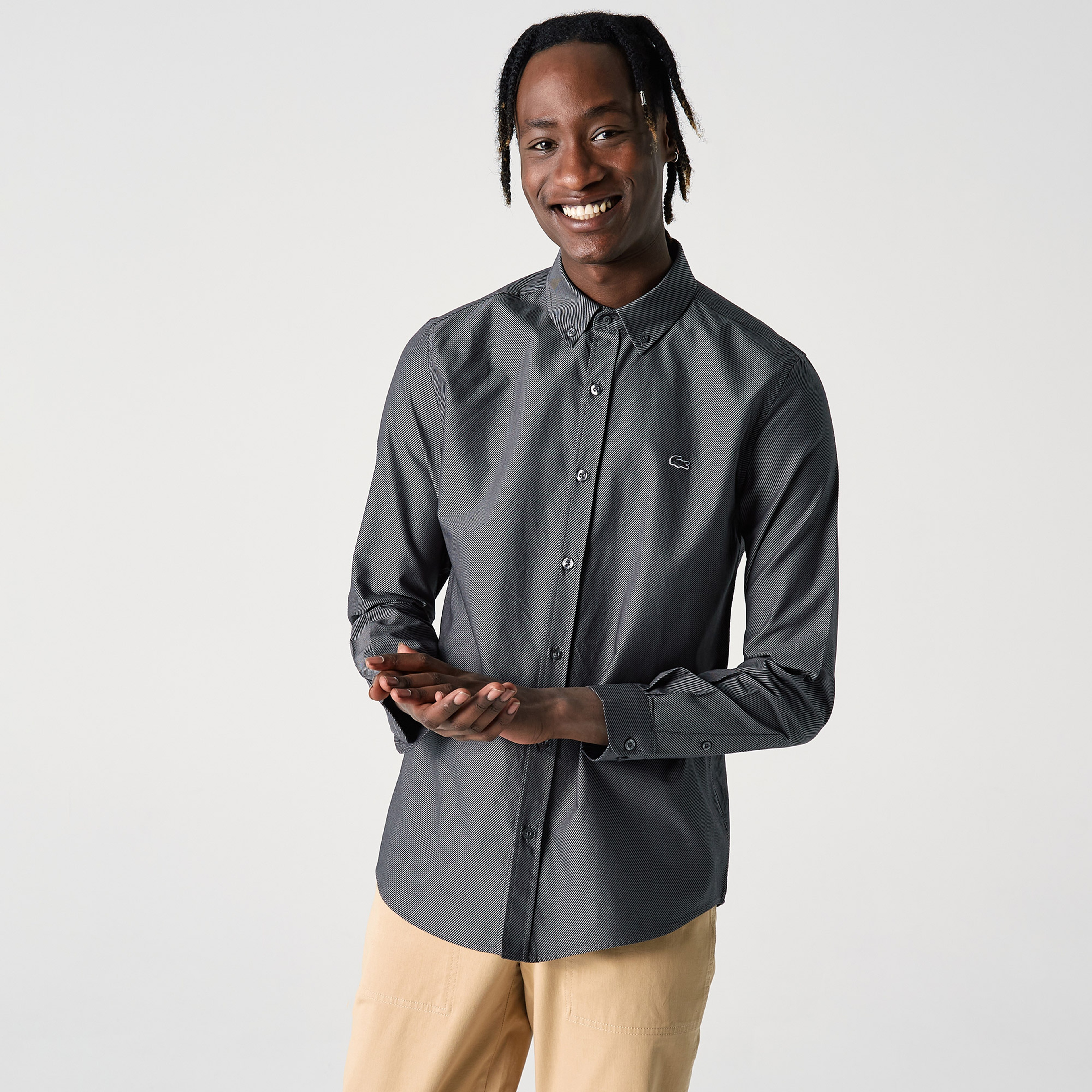 Lacoste Erkek Slim Fit Desenli Koyu Gri Gömlek