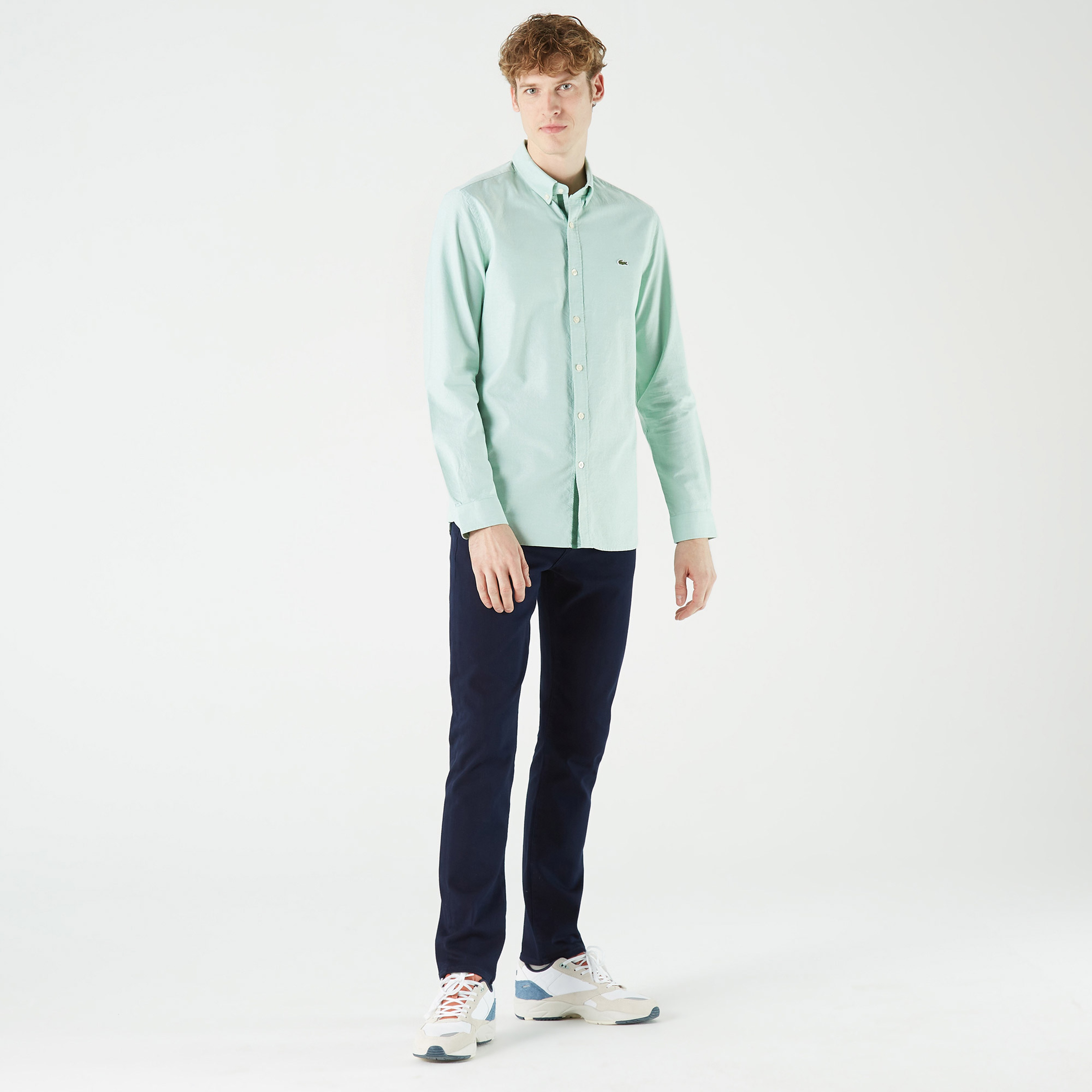 Erkek Slim Fit Düğmeli Yaka Yeşil Gömlek