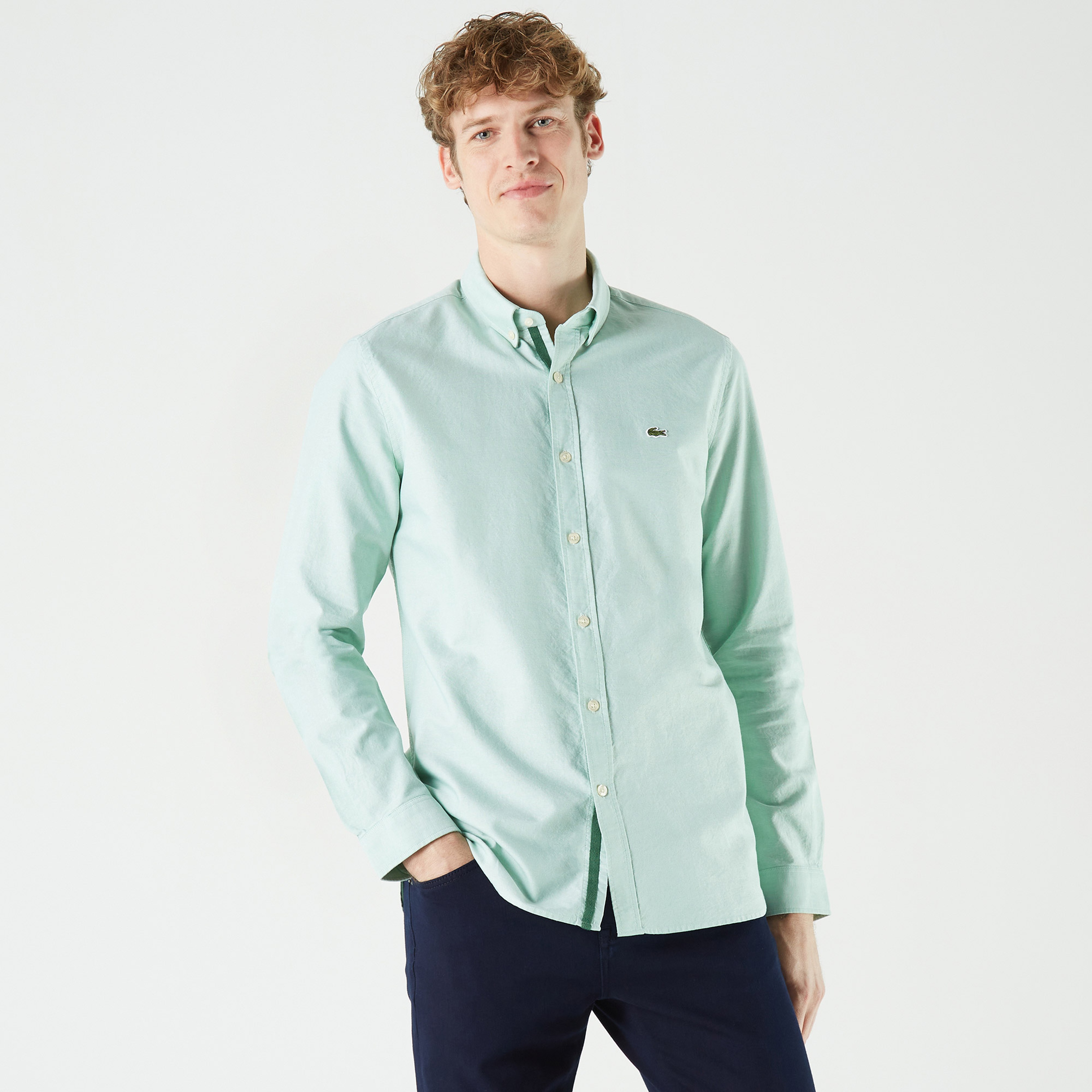 Erkek Slim Fit Düğmeli Yaka Yeşil Gömlek