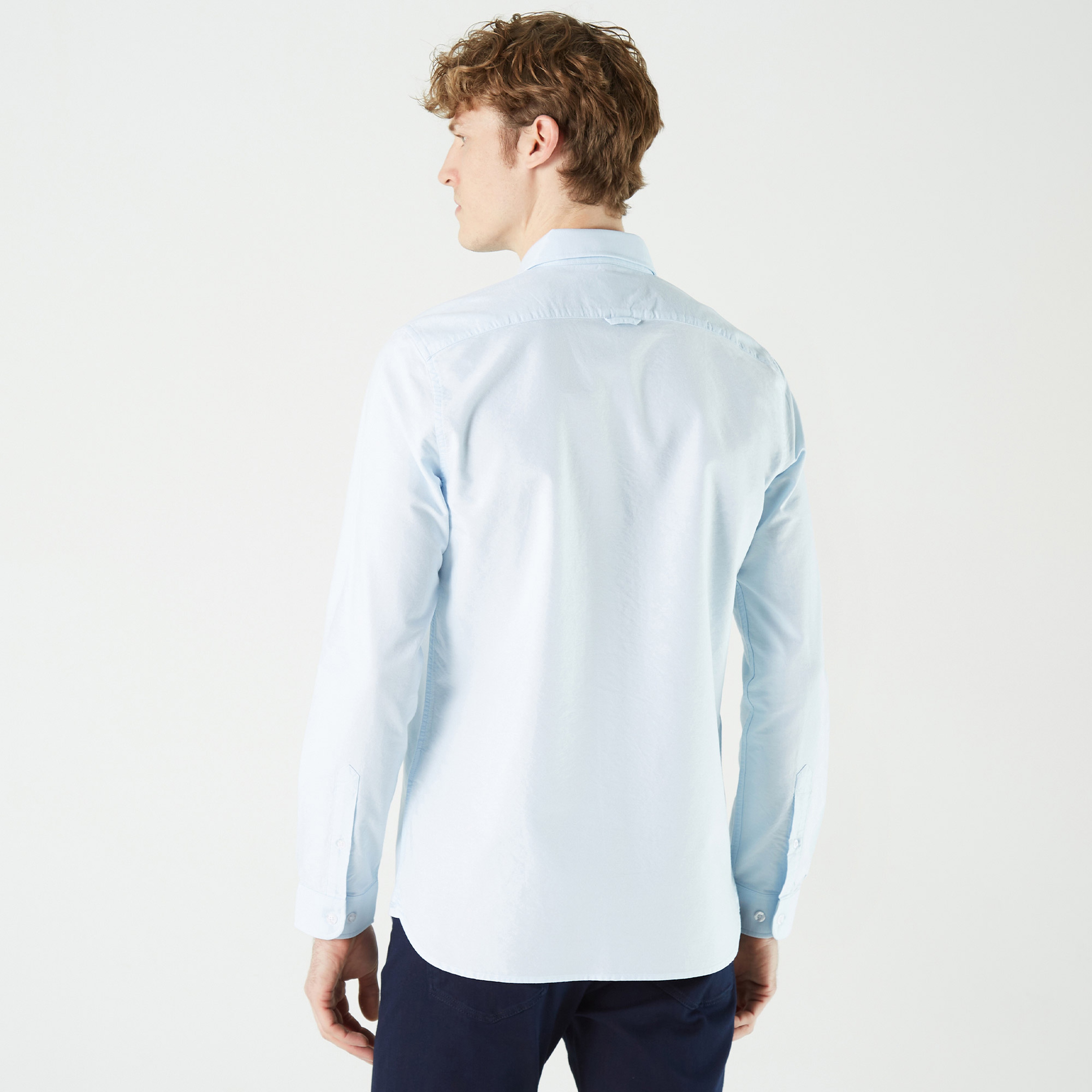 Erkek Slim Fit Düğmeli Yaka Açık Mavi Gömlek