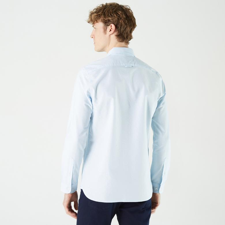 Erkek Slim Fit Düğmeli Yaka Açık Mavi Gömlek