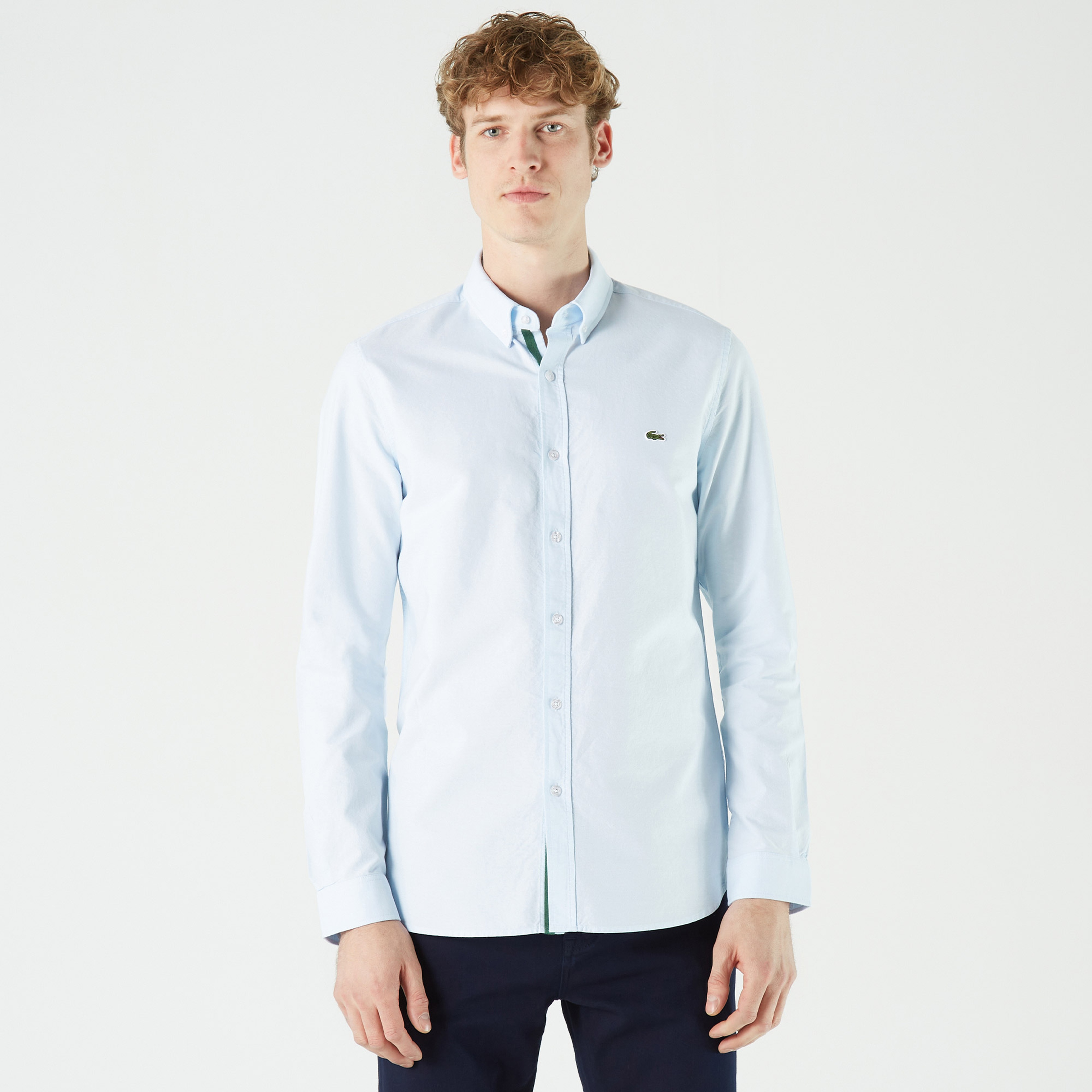 Erkek Slim Fit Düğmeli Yaka Açık Mavi Gömlek