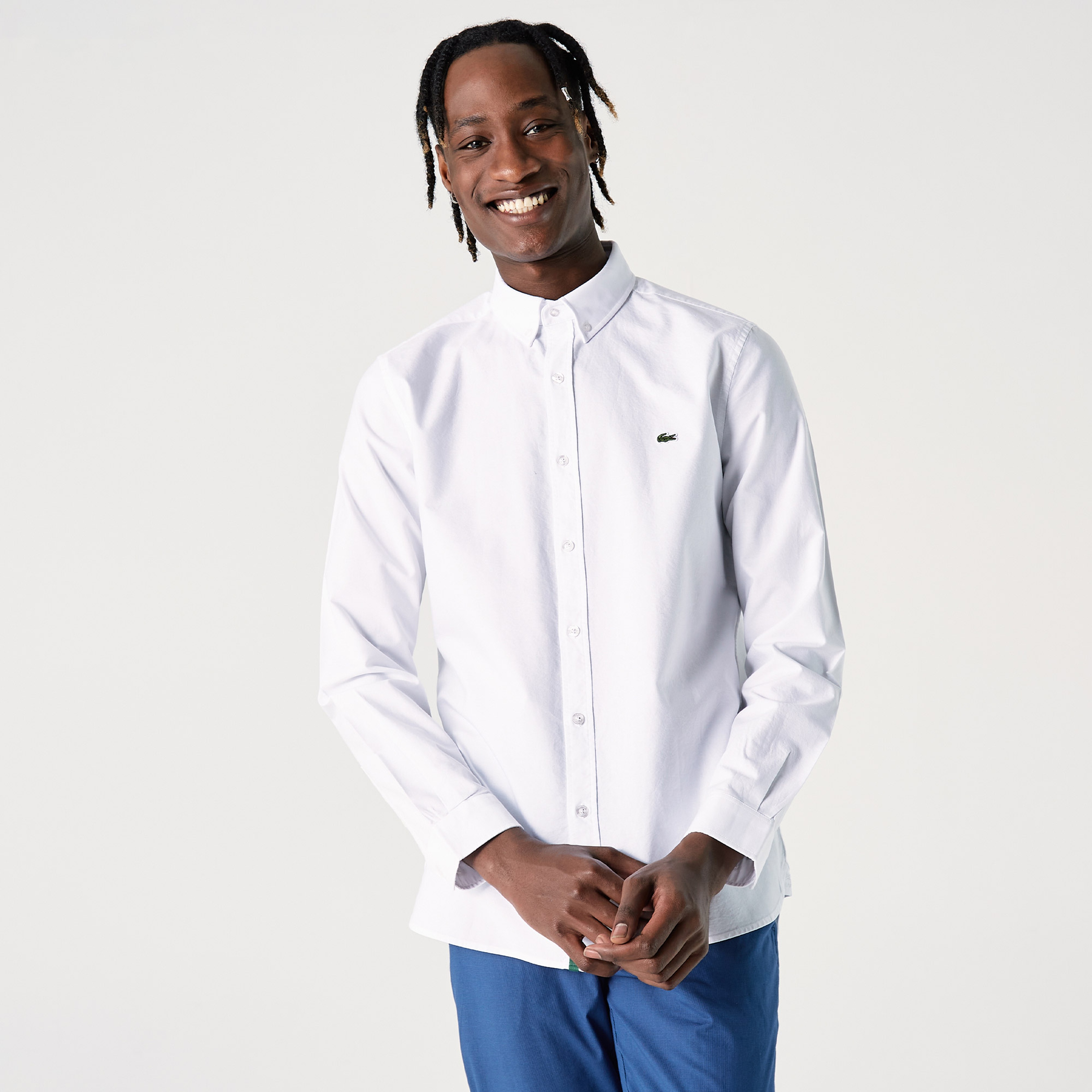 Erkek Slim Fit Düğmeli Yaka Beyaz Gömlek