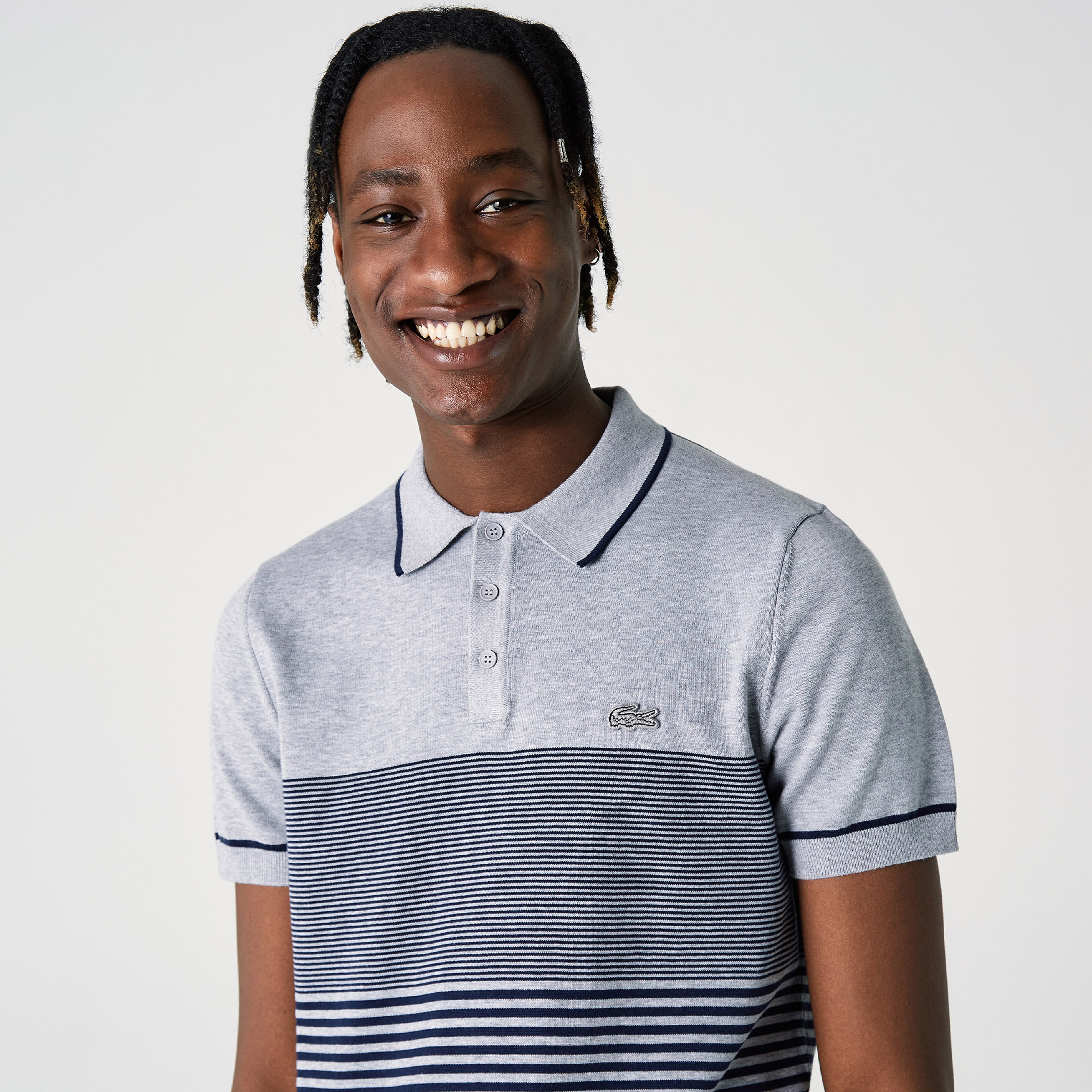 Lacoste Erkek Kısa Kollu Polo Yaka Çizgili Gri Triko