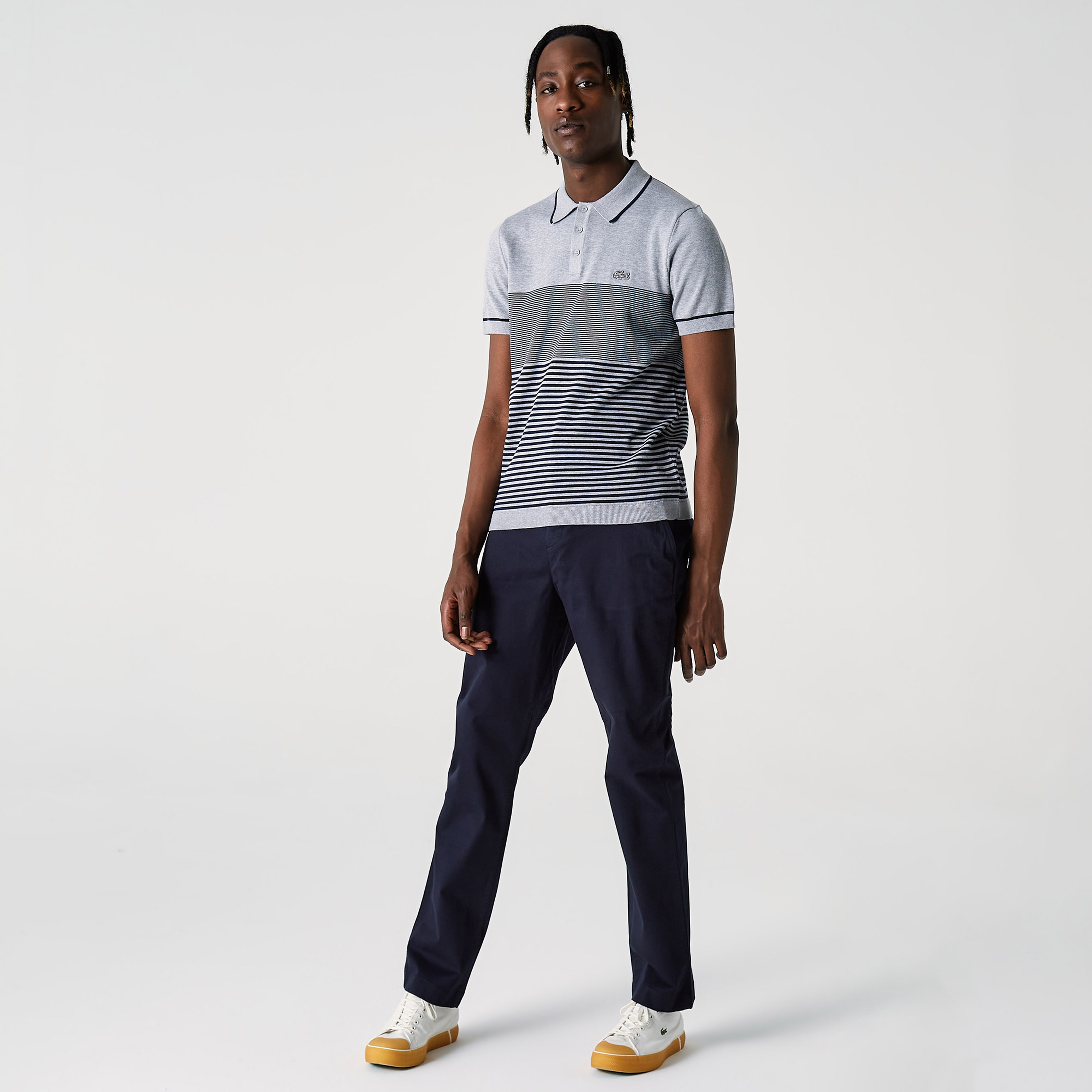 Lacoste Erkek Kısa Kollu Polo Yaka Çizgili Gri Triko