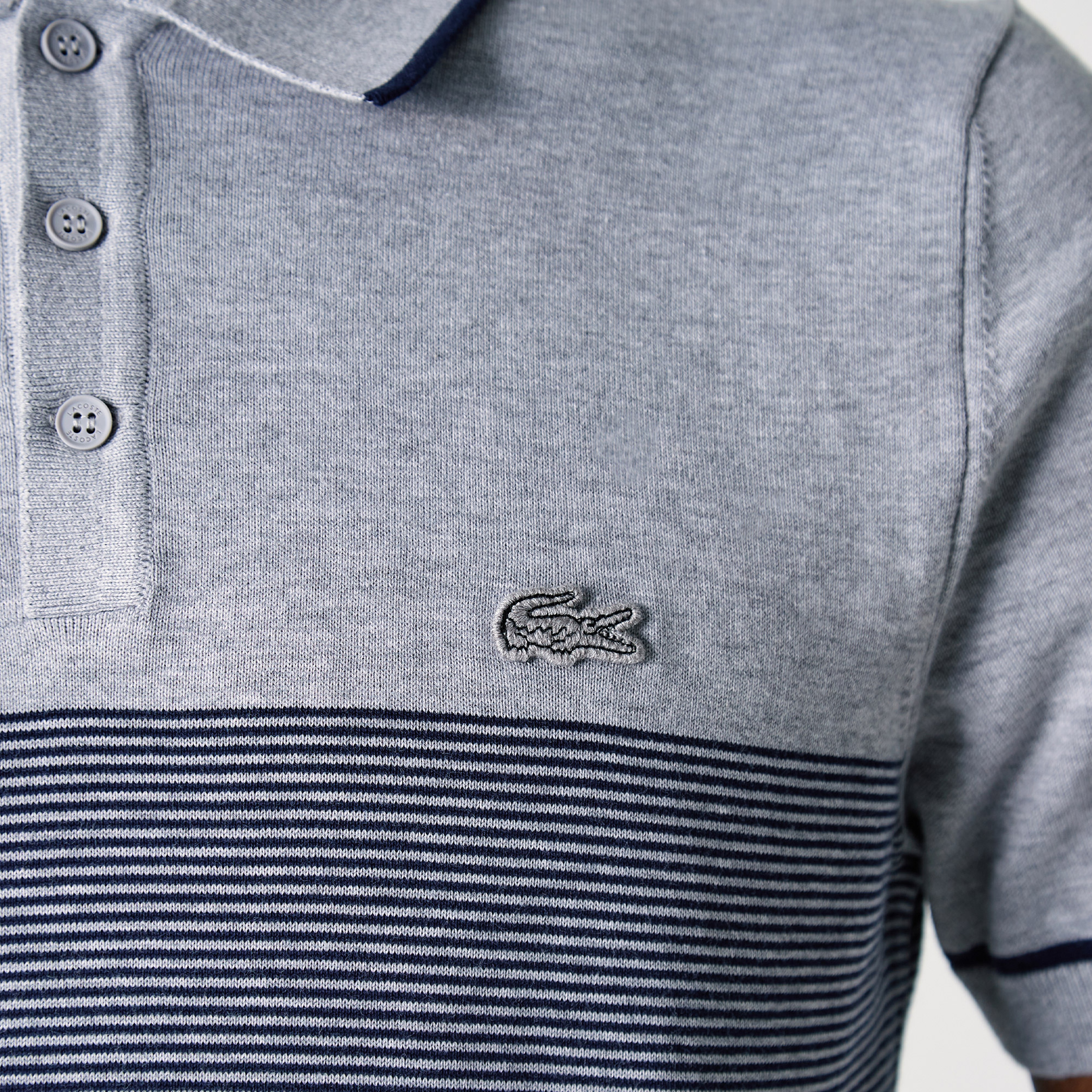 Lacoste Erkek Kısa Kollu Polo Yaka Çizgili Gri Triko