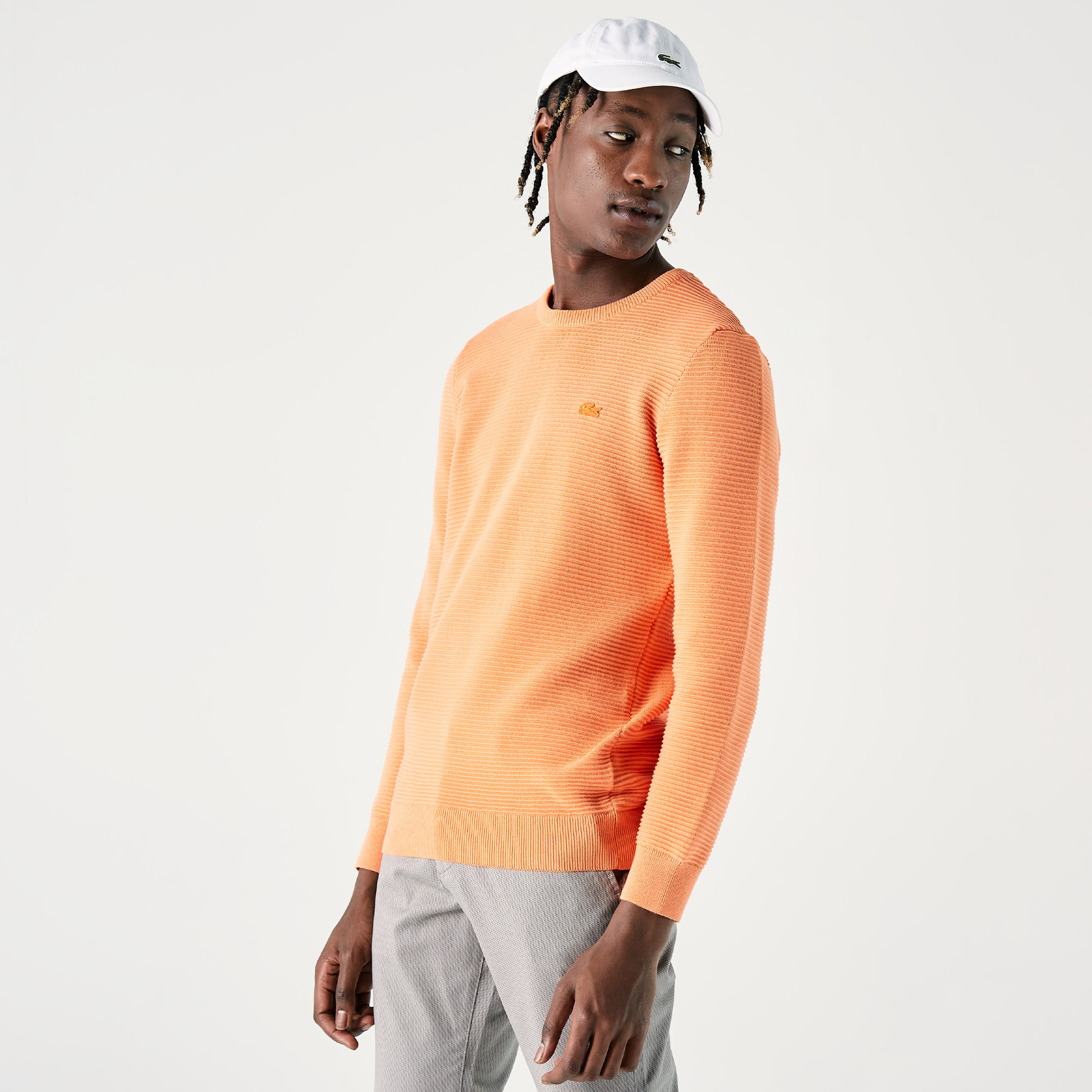 Lacoste Erkek Bisiklet Yaka Çizgili Turuncu Kazak