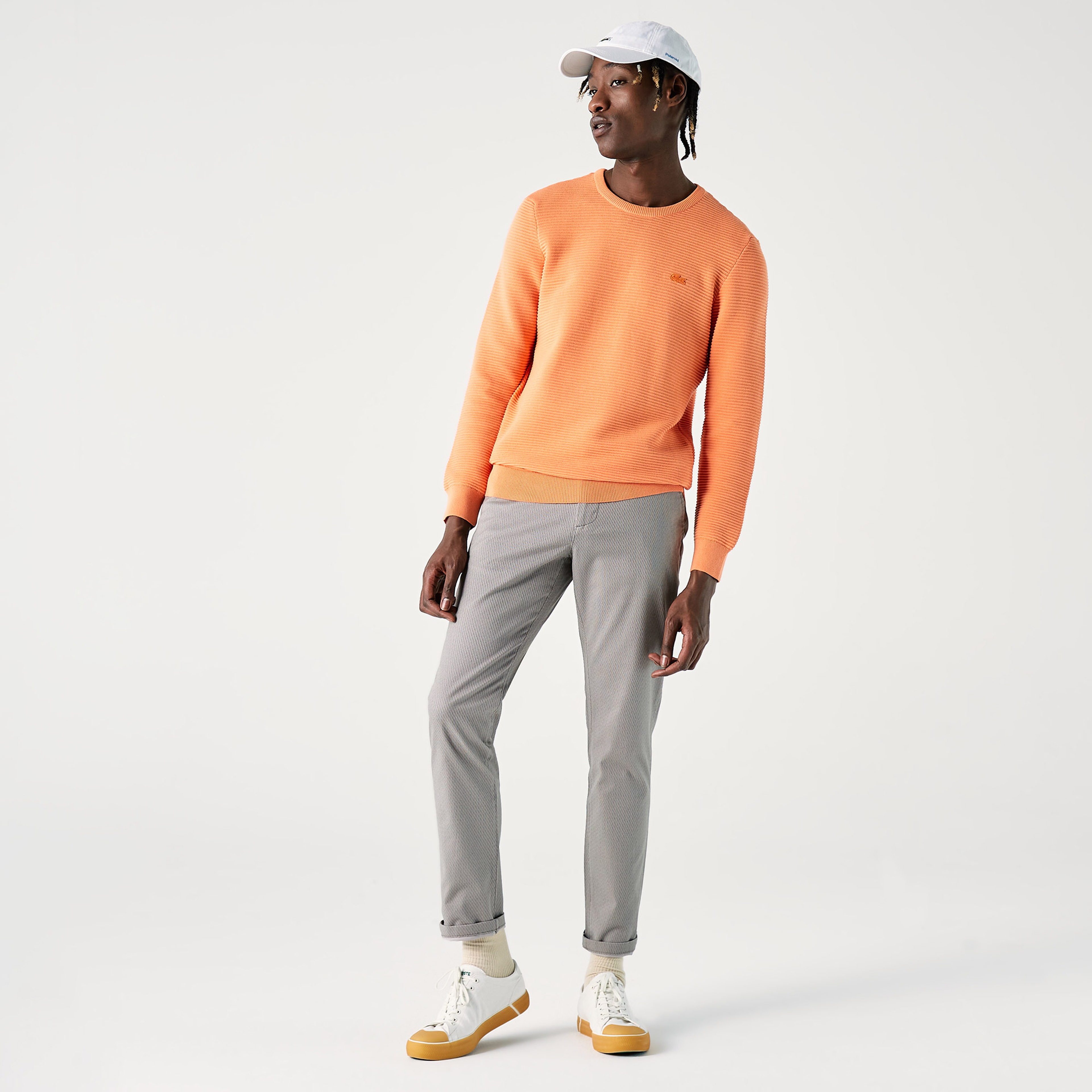 Lacoste Erkek Bisiklet Yaka Çizgili Turuncu Kazak