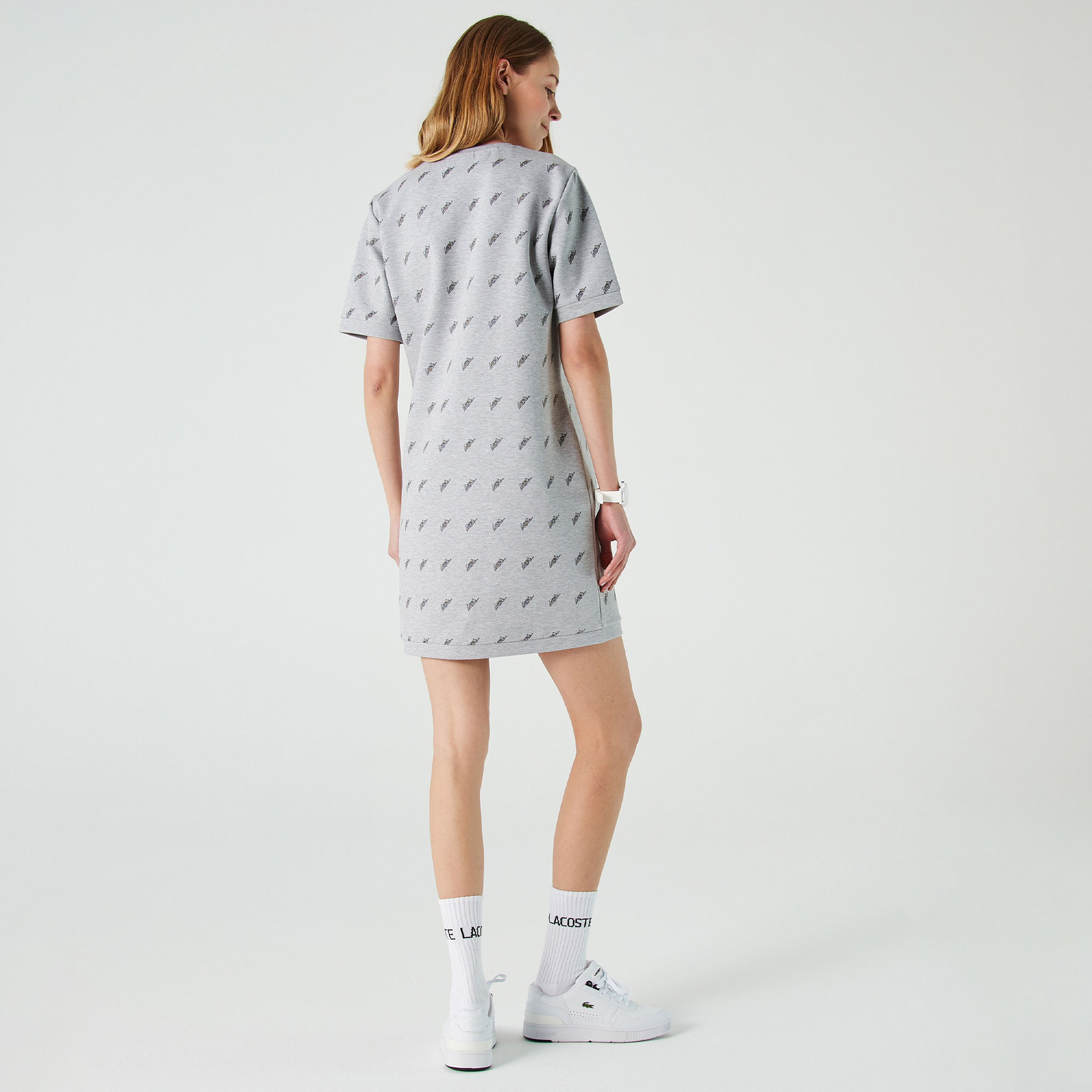 Lacoste Kadın Loose Fit Kısa Kollu Bisiklet Yaka Baskılı Gri Elbise