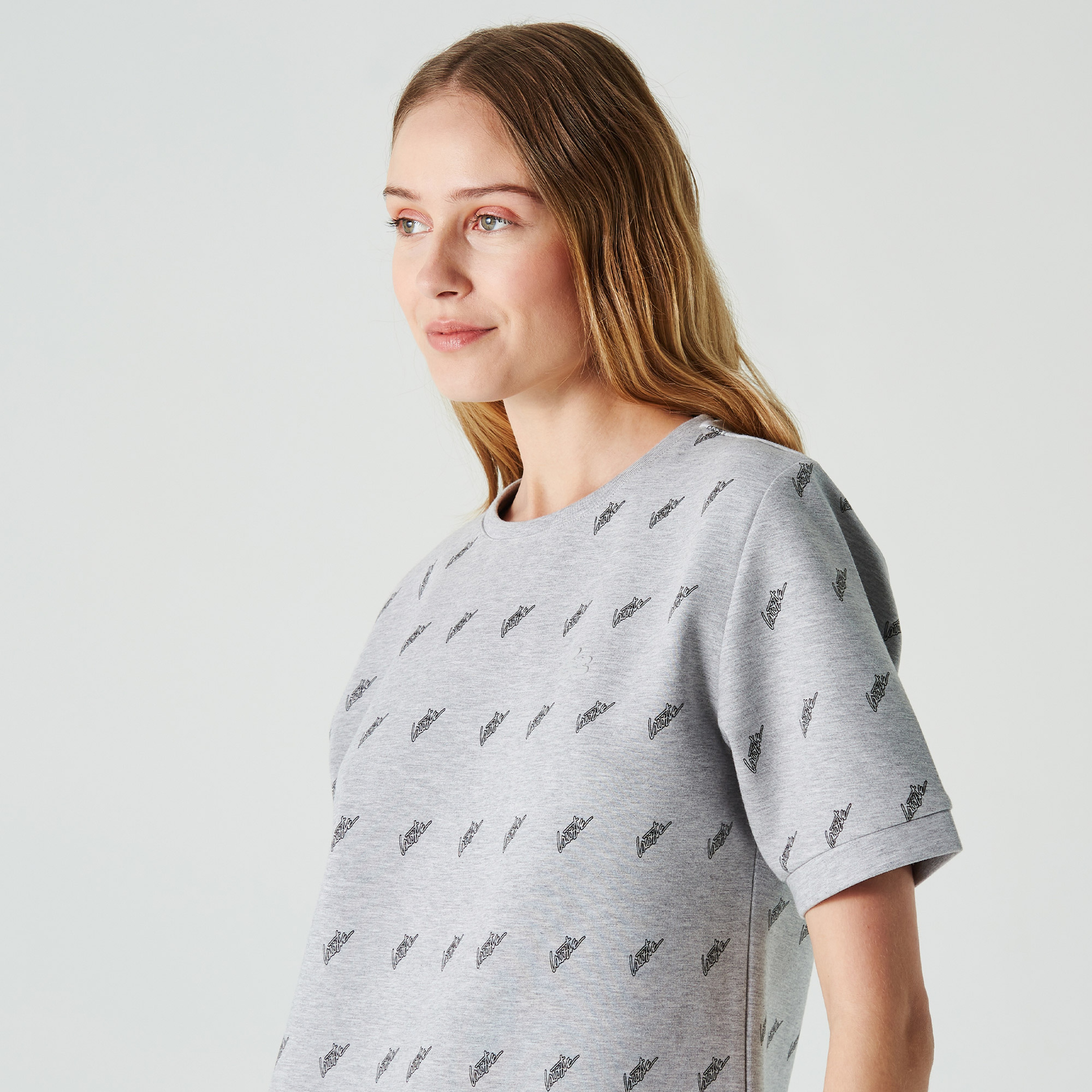 Lacoste Kadın Loose Fit Kısa Kollu Bisiklet Yaka Baskılı Gri Elbise